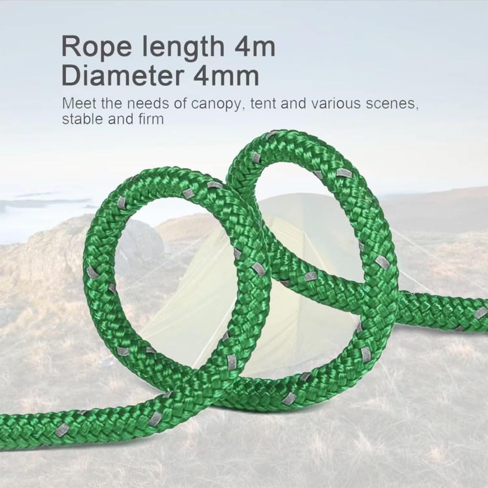 8PCS Reflective Tent Guy Ropes with Aluminium Tensioner, 4Mm X 4M Heavy Duty Camping Rope for Tent and Tarp and Outdoor, High Visibility Paracord Guyline Green image number 1