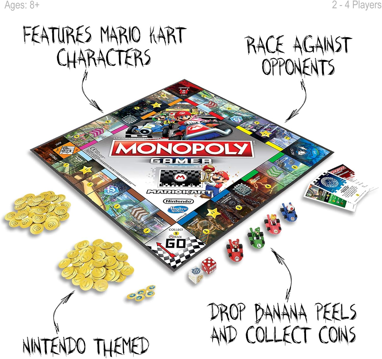 Monopoly - Nintendo Super Mario Kart Inc Mario, Luigi, Toad & Princess Peach - 2 to 4 Players - Kids Board Games - Ages 8+