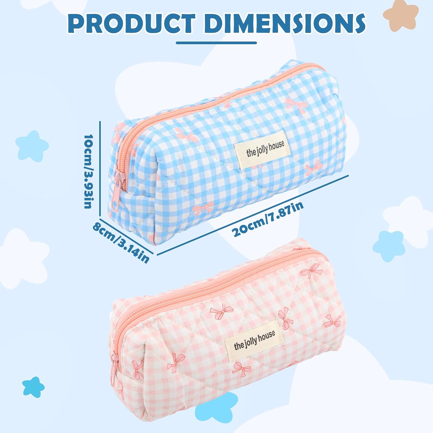 Cute Pencil Case, Pink Bow Stationery Bag, Soft Quilted Pencil Pouch, Portable Pen Bag Wide Opening, Organizer with Zipper for Pens, Cosmetics or Travel Accessories (Blue) - Blue image number 5