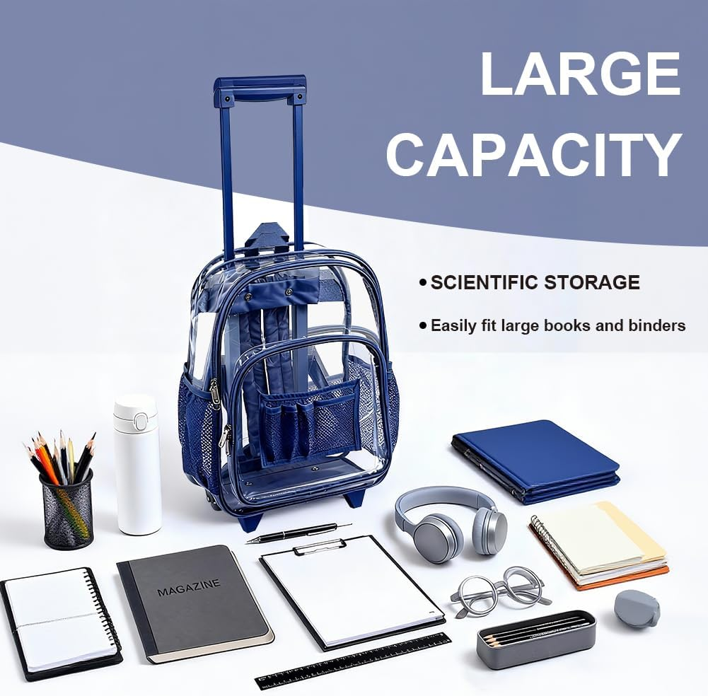 Rolling Clear Backpack, Heavy Duty Cold-Resistant Security Transparent PVC Backpack with Wheels (Black) - Pink image number 2