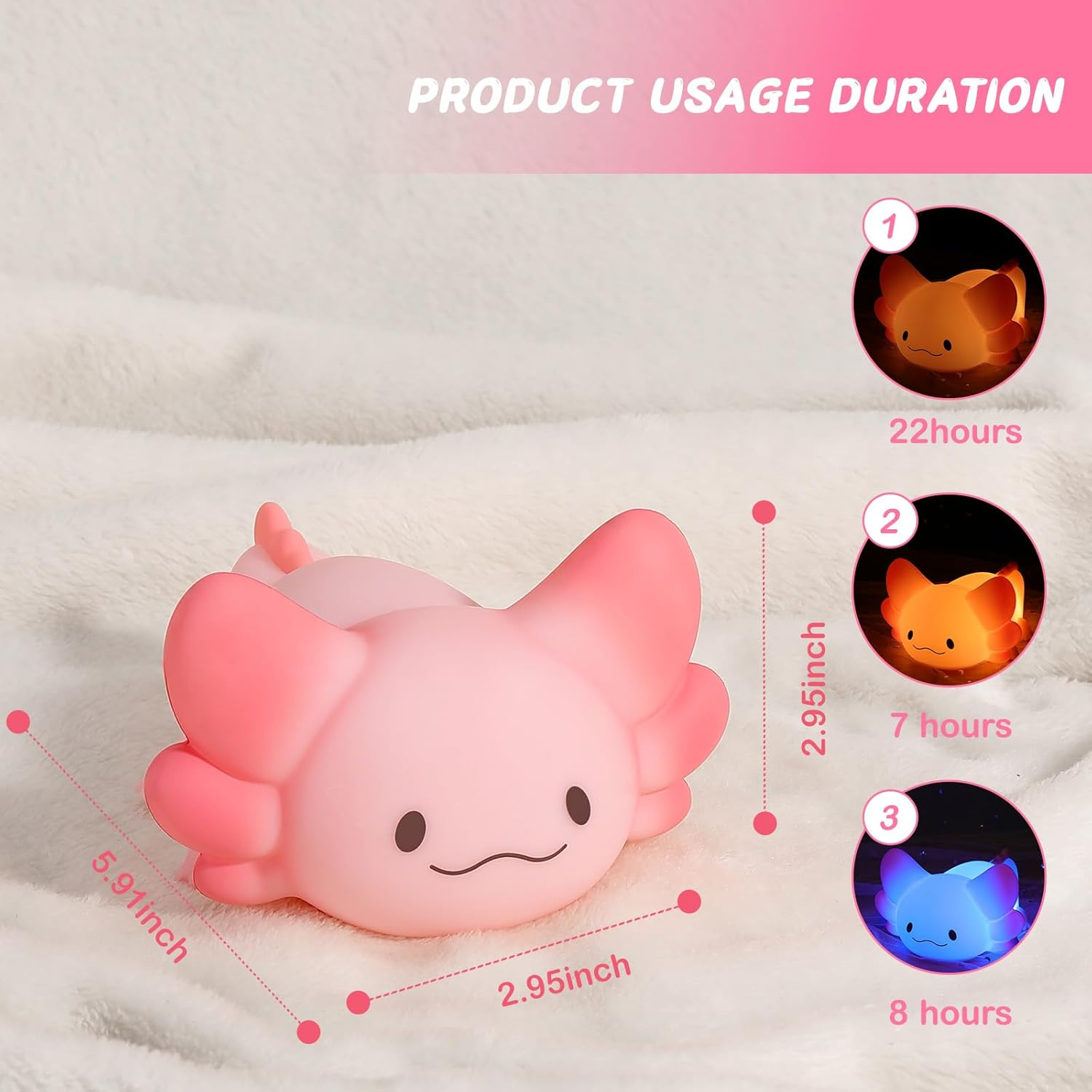 LOVERUIS Axolotl Night Light for Kids Gifts Squishy Nightlight for Kid Room Decor Girls Rechargeable 1/3 Hours Timer Lamp Colorful Cute Lights Toddle Baby (Big Eye) image number 1