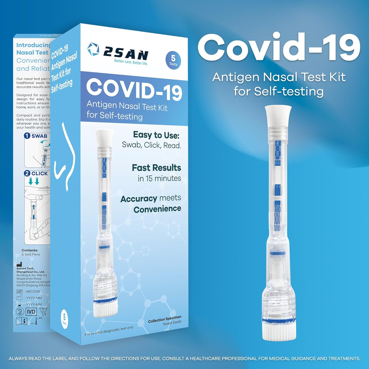 2San Covid-19 Pen Test, Results in 15 Mins, 5-Pack (5 Tests), Rapid Nasal Swab, Clinically Accurate, Easy At-Home Antigen Test, Discreet, Fast & Reliable image number 1