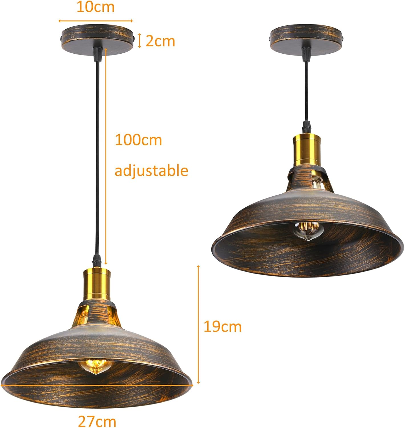 Idegu Pack of 2 Pendant Lights, Retro Pendant Lamp, Industrial Lampshade in Iron, Diameter 27 Cm, Vintage Pendant Light for Kitchen, Dining Room, Living Room, Bedroom, Hallway, Restaurant (Bronze) image number 4