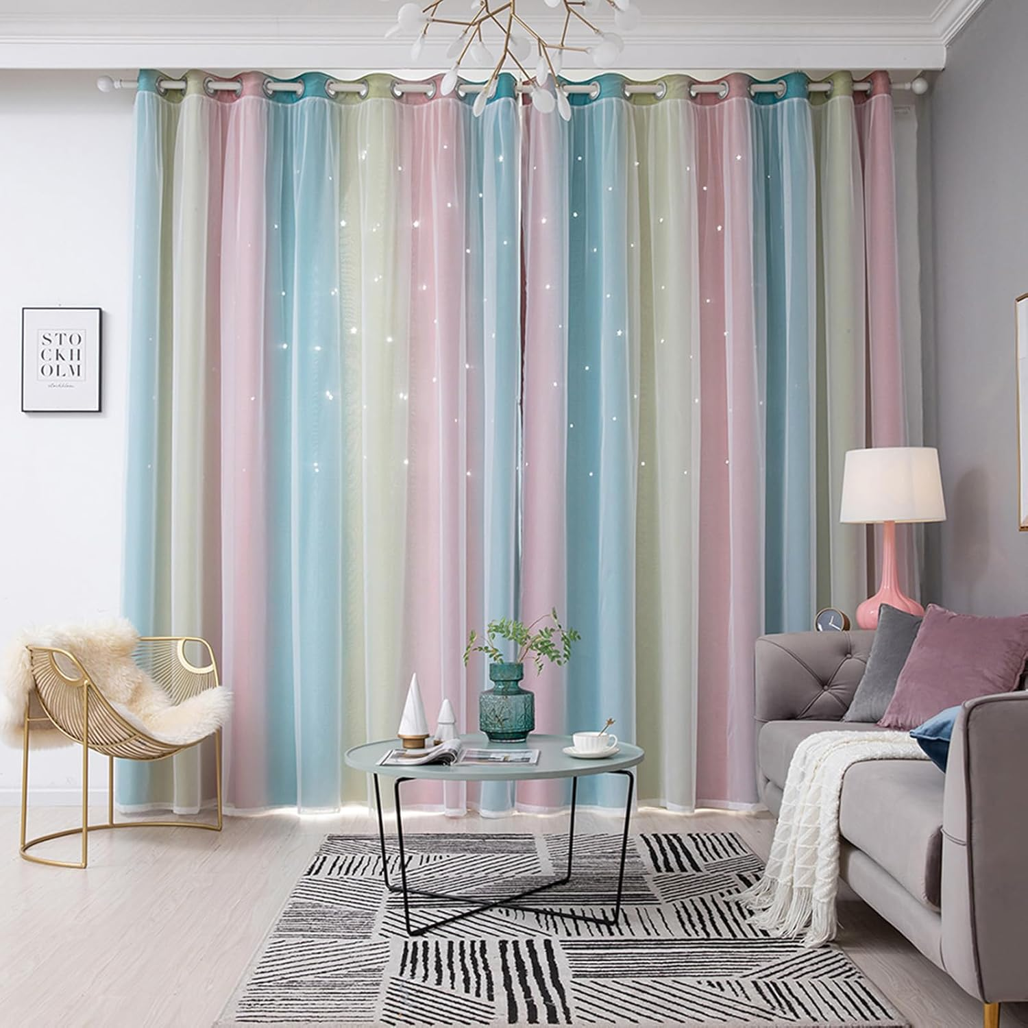 Blackout Curtains for Bedroom, 2PCS Star Curtains Blackout High Precision Curtains for Kids Girls Bedroom Living Room Colorful Double Layer Star Window Curtains Pink134Cm X 160Cm image number 3