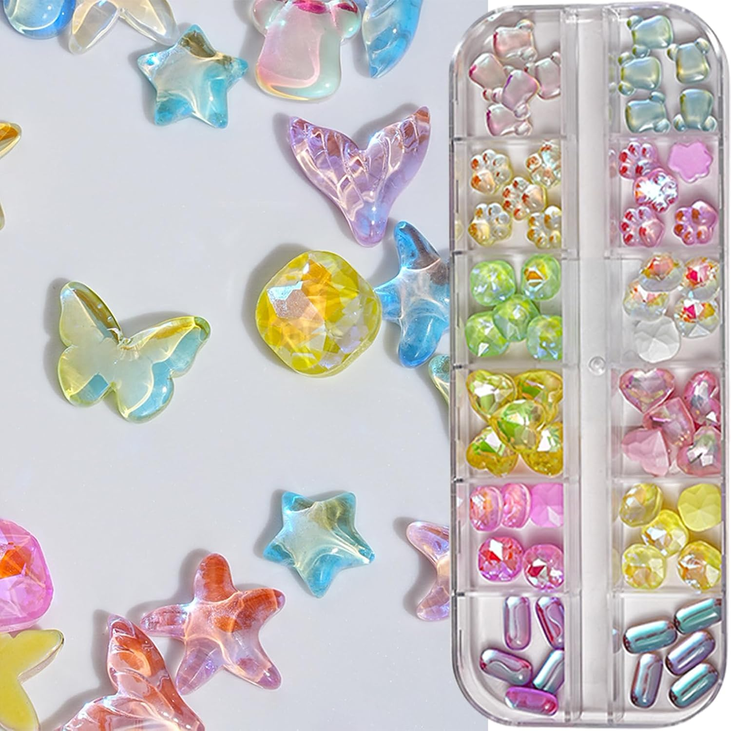 Dohocall 2 Boxes Mixed Shape Nail Rhinestone Nail Crystal Charms Nail Charms Butterfly Star Nail Art Charms Nail Art Decoration image number 2