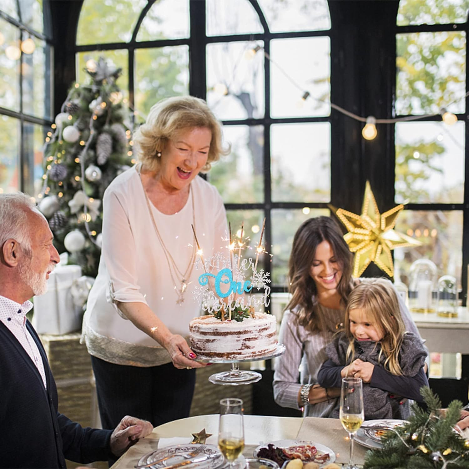 Sparkling Winter Onederland Snowflake Birthday Cake Topper - Glittery Silver and Blue Snowflake Theme Decorations for First Birthdays and Winter Celebrations (Blue)
