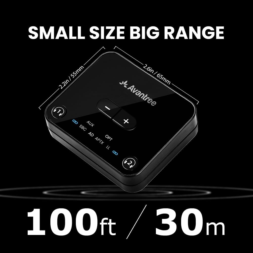 Avantree Audikast 3 - Bluetooth 5.3 Transmitter for TV with Optical or AUX Audio Output Port, Aptx-Adaptive, Dual Link for 2 Headphones, and 100Ft Long Range