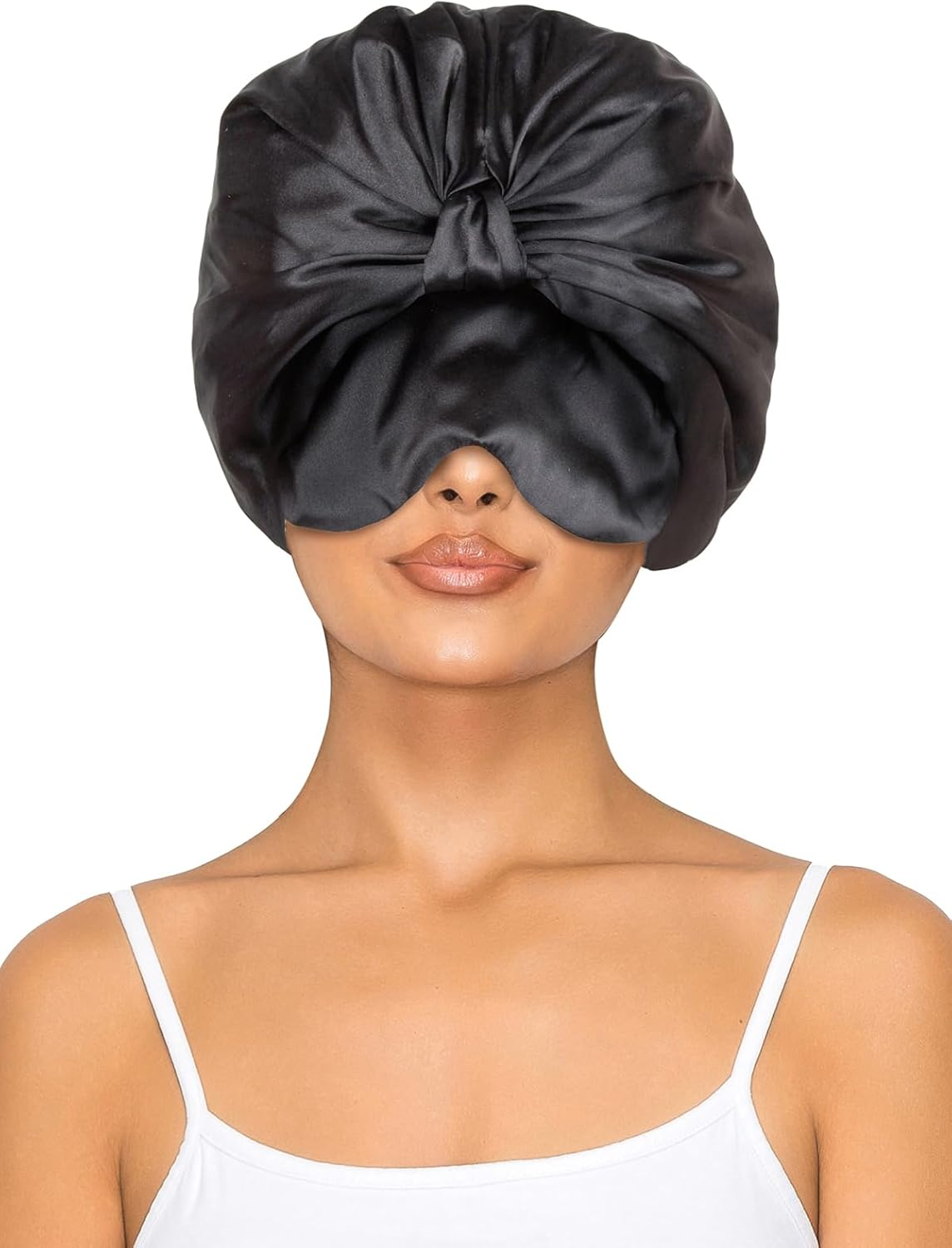 Vettres Double Layer Satin Bonnet with Eye Mask Adjustable Silk Sleep Cap Turban Style Hair Wrap for Curly Hair Black