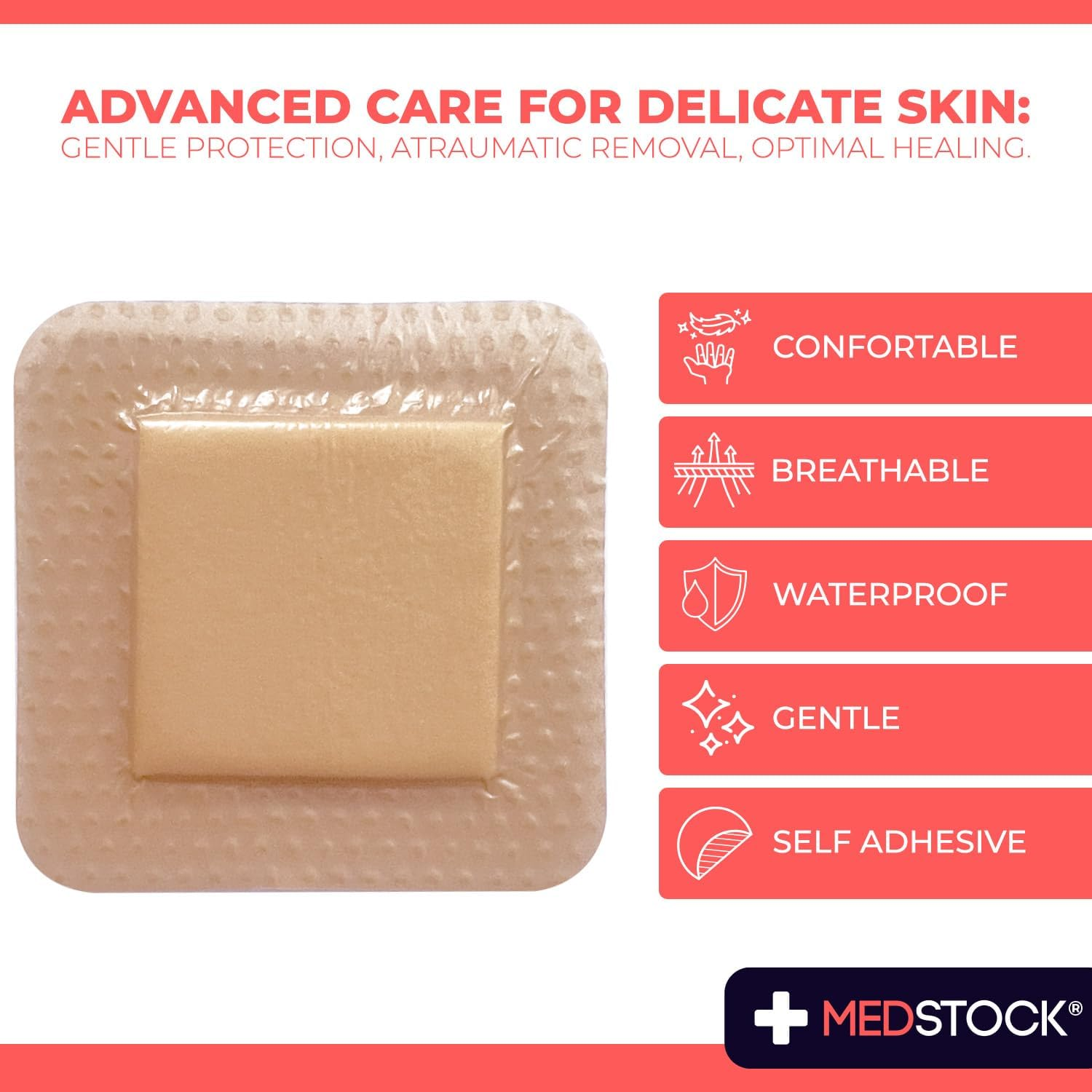 MEDSTOCK Silicone Foam Lite Dressing with Border, 5Cm X 5Cm, 10 Count, Comfortable Healing for Wounds, Waterproof, Gentle & Secure Adhesion image number 1