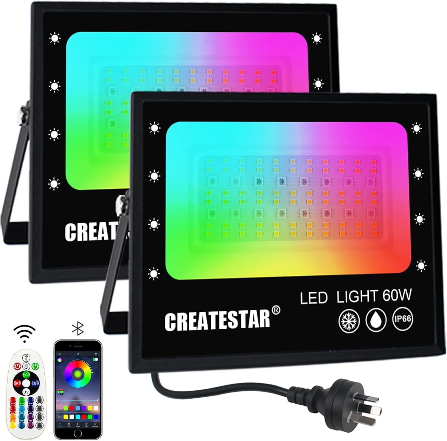 2 Pack RGB LED Flood Light, 60W Outdoor Colour Changing Flood Lights IP66 Waterproof App Control 16 Million Colours RGB Floodlight for Garden Stage Lighting Christmas image number 1