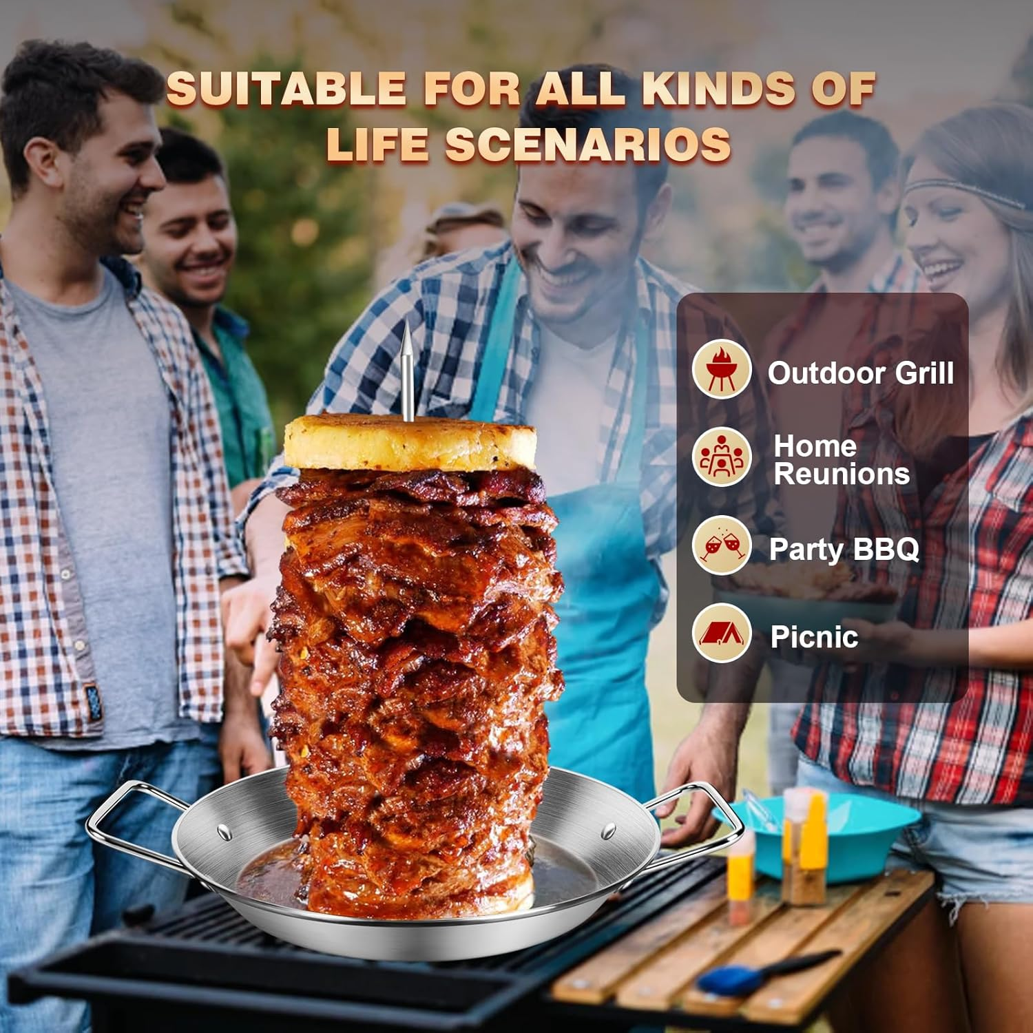 10" Al Pastor Skewer for Grill, Gyro Pan with Skewer, BBQ Vertical Skewer Pan, Stand Rack for Tacos, Shawarma, Kebabs, Gyros, with 3 Removable (9/10/12) Barbecue Spikes, 2 Oil Brushes & Barbecue Tongs image number 1