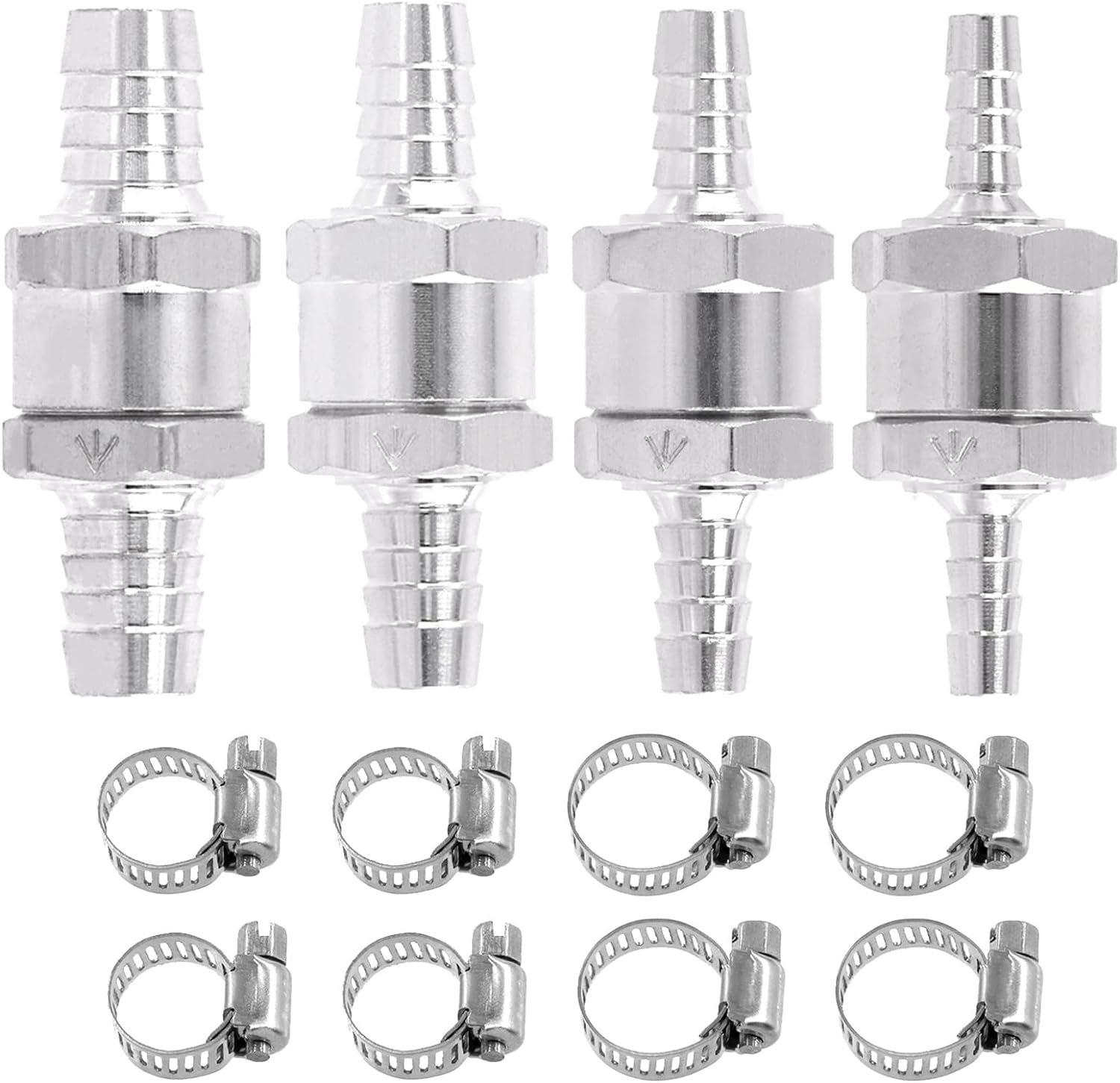 Swpeet 10Pcs 4 Sizes Fuel Non Return One Way Check Valve, 6Mm 8Mm 10Mm 12Mm Aluminum Alloy Fuel Oil Check Valve for One Way Petrol Diesel Gas with 6Pcs Universal Adjustable Hose Clamps