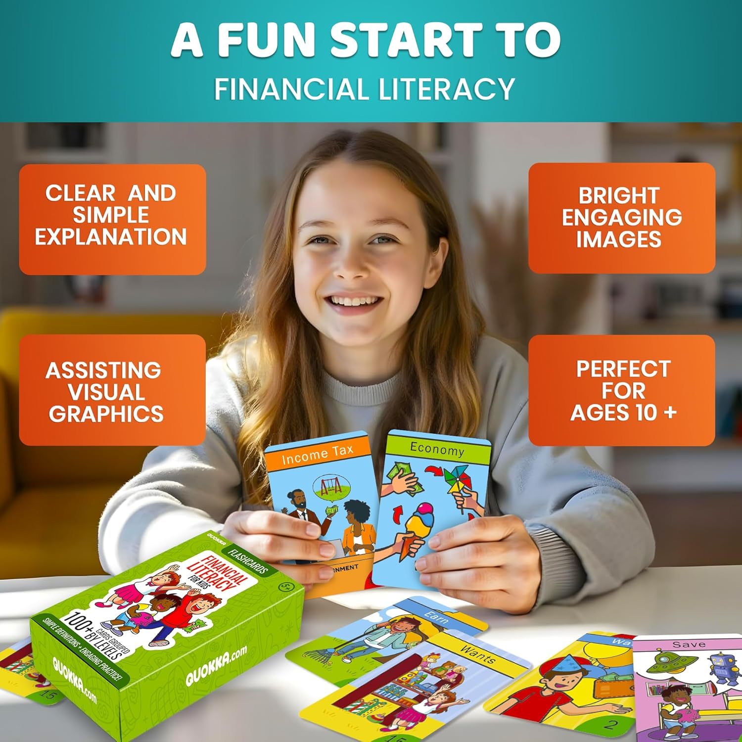 QUOKKA Financial Literacy Flash Cards for Teens &ndash; 110 Cards Teaching Kis about Money Management, Budgeting, Savings &ndash; Easy Money Games for Kids Ages 12+ &ndash; Fun Financial Literacy Games and Learning