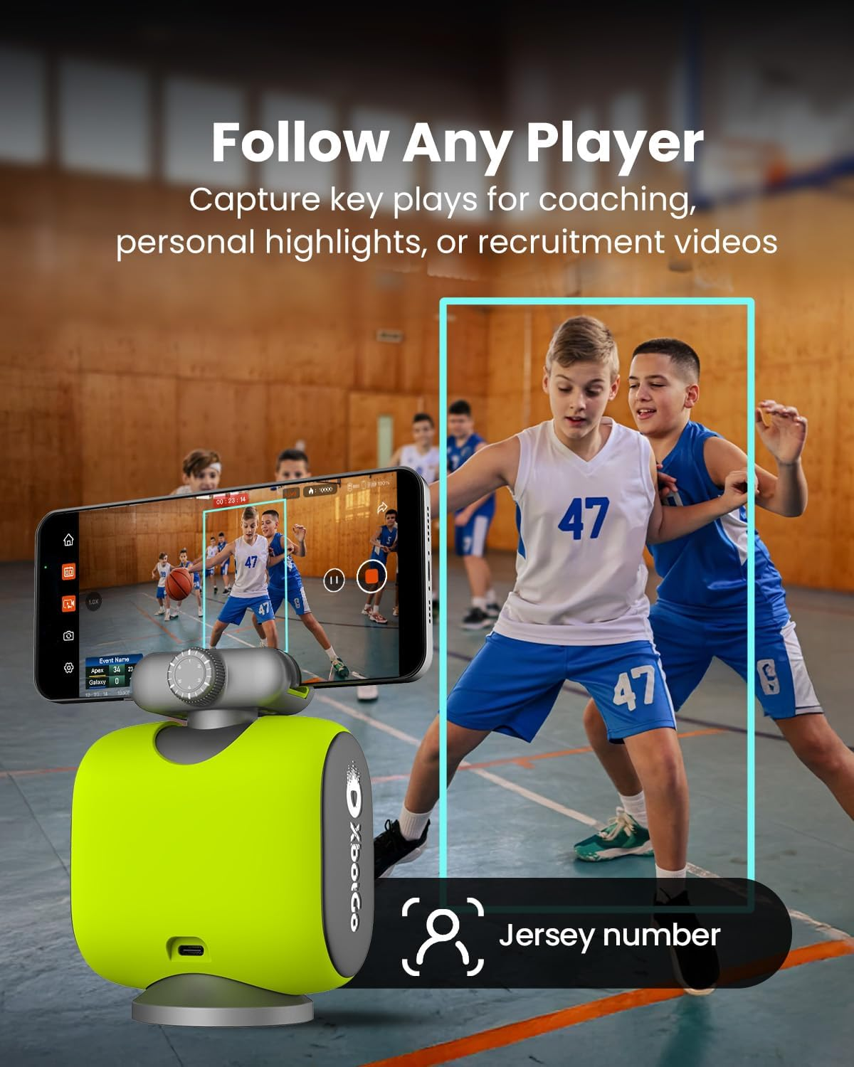 Xbotgo Chameleon AI Auto Sports Action Camera - 4K 60FPS Soccer Camera and Basketball Tracking Camera for Team Sports, Live Streaming, No Subscription, Works with Ios & Android (Lava Graphite) - Lemon Green image number 5