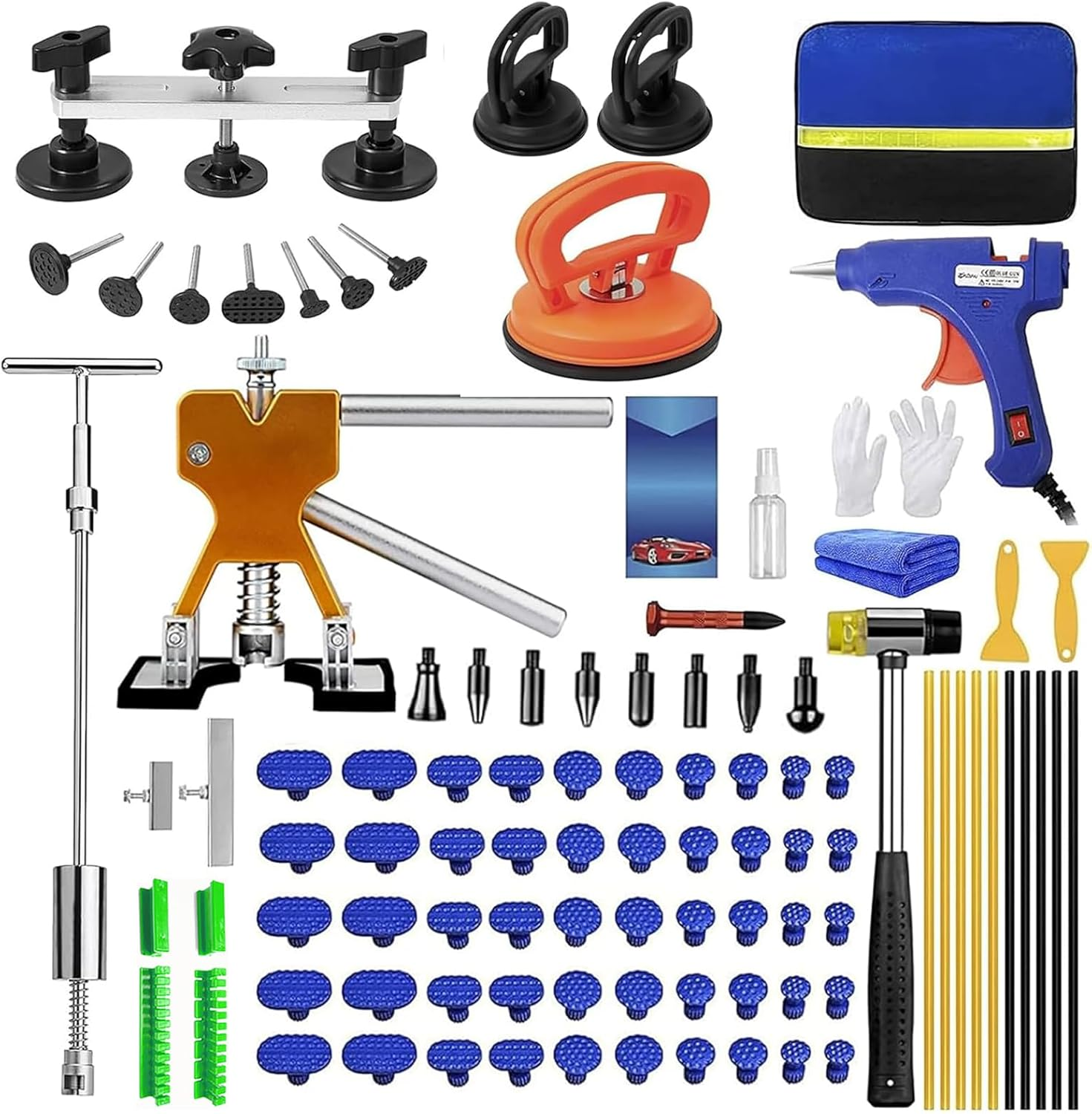 97Pcs Dent Puller Kit, Car Dent Puller for Dent Removal, Paintless Dent Removal Kit with Golden Lifter, Bridge Puller, Slide Hammer T-Bar, Dent Remover Tool for Car Refrigerator Door Ding Repair image number 1