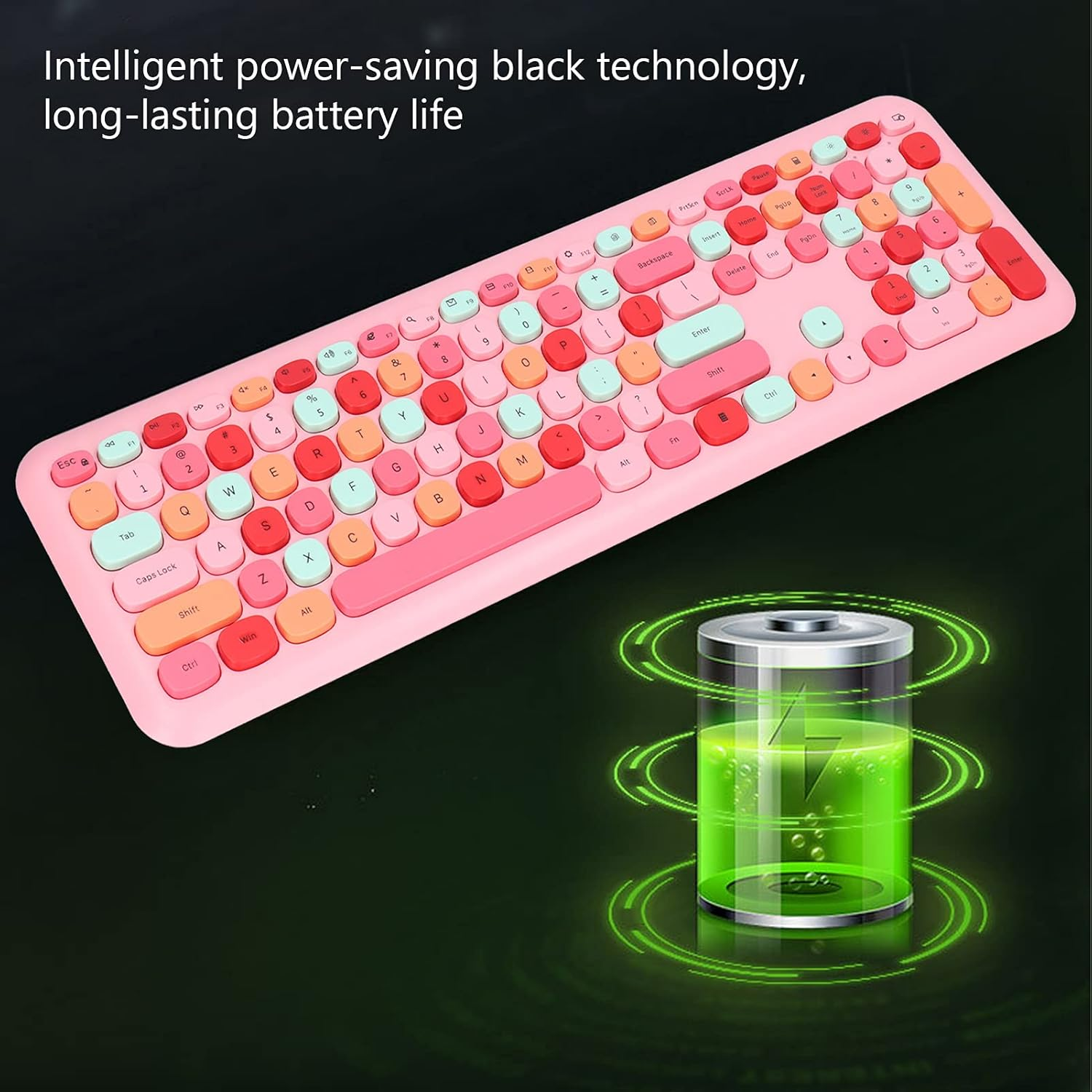 Wireless Keyboard and Mouse Set, Retro Style, Ergonomic Angle, Power Saving Technology, Multi Color, Mute Cover, for Home Office (Mixed Color Keyboard and Mouse Set) - Green Mixed Color Keyboard And Mouse Set image number 5