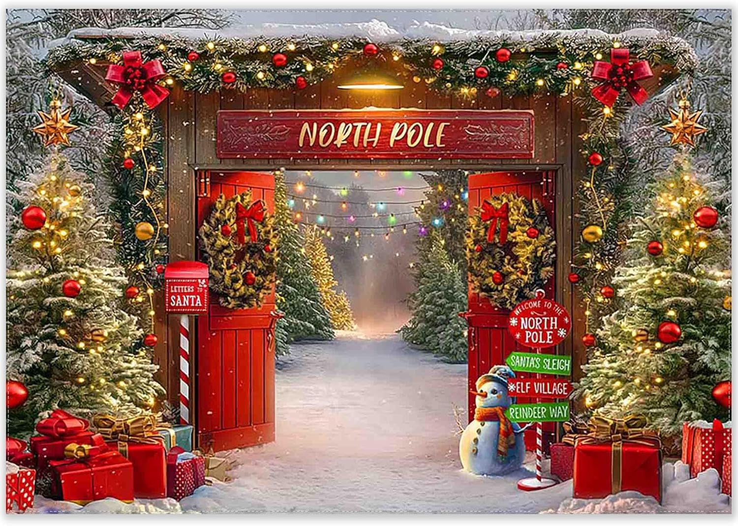 Christmas Backdrop,7X5Ft Xmas North Pole Barn Door Theme Background Photography for Merry Christmas New Year Family Holiday Party Supplies Photo Pictures Banner Studio Decor Booth Props image number 5