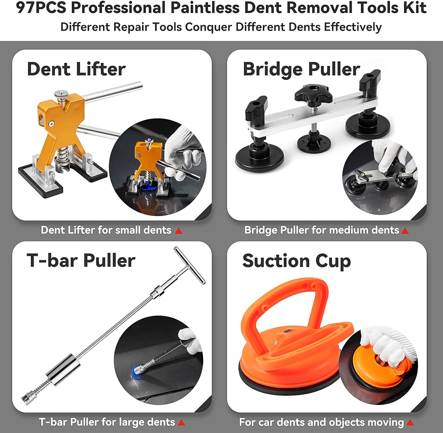 97Pcs Dent Puller Kit, Paintless Dent Removal Kit for Dent Repair, Dent Repair Kit with Golden Lifter, Slide Hammer T-Bar, Bridge Puller, Car Dent Puller Kit for Auto Hail Damage Door Ding
