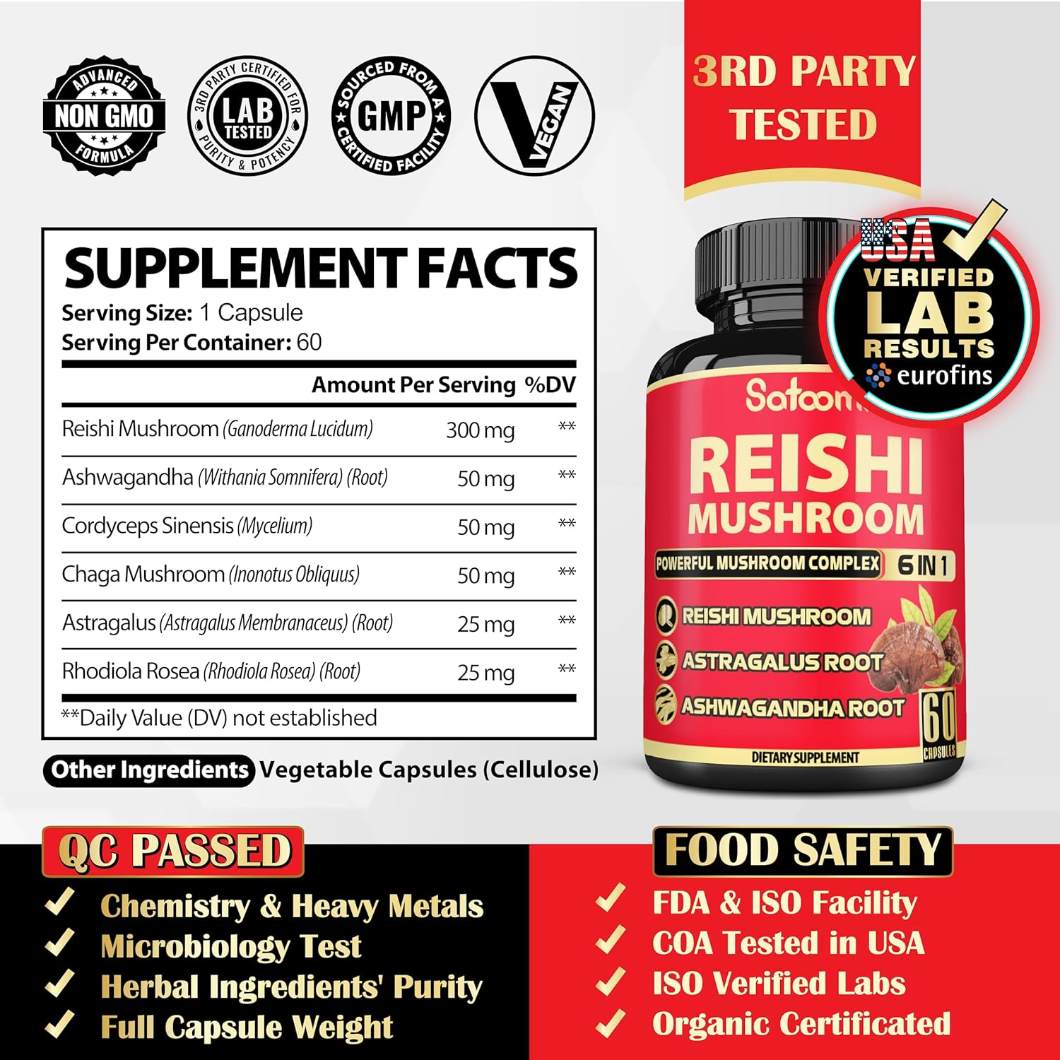 6In1 Reishi Mushroom Supplement Capsules - 6 Natural Ingredients - 60 Vegan Caps for a 2-Month Supply