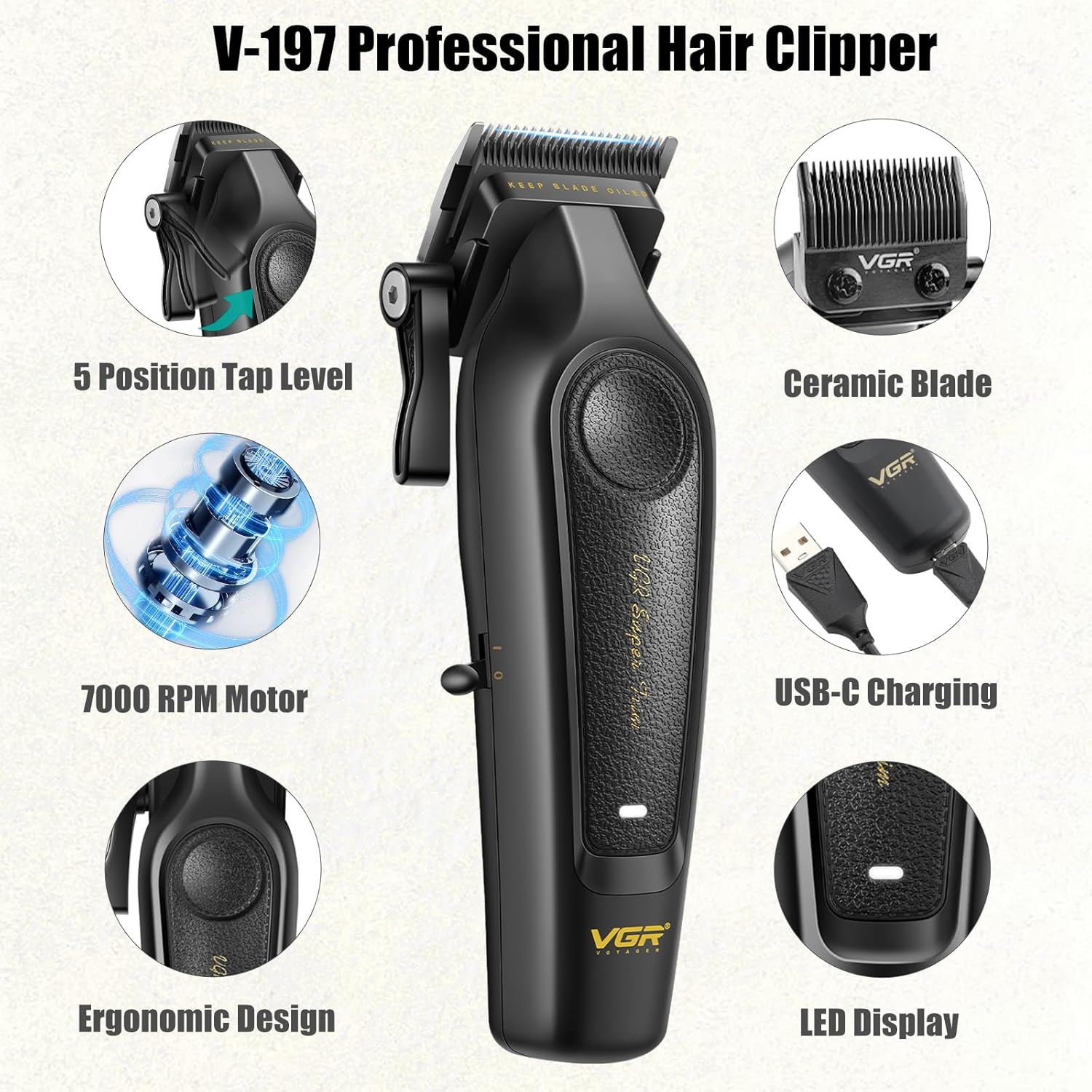 VGR 197 & 995 Professional Barber Combo for Men, Cordless Hair Clippers & Zero Gapped Trimmer Set, Dual-Speed Edgers with Ceramic Stainless Steel Blades, LED Indicator image number 4
