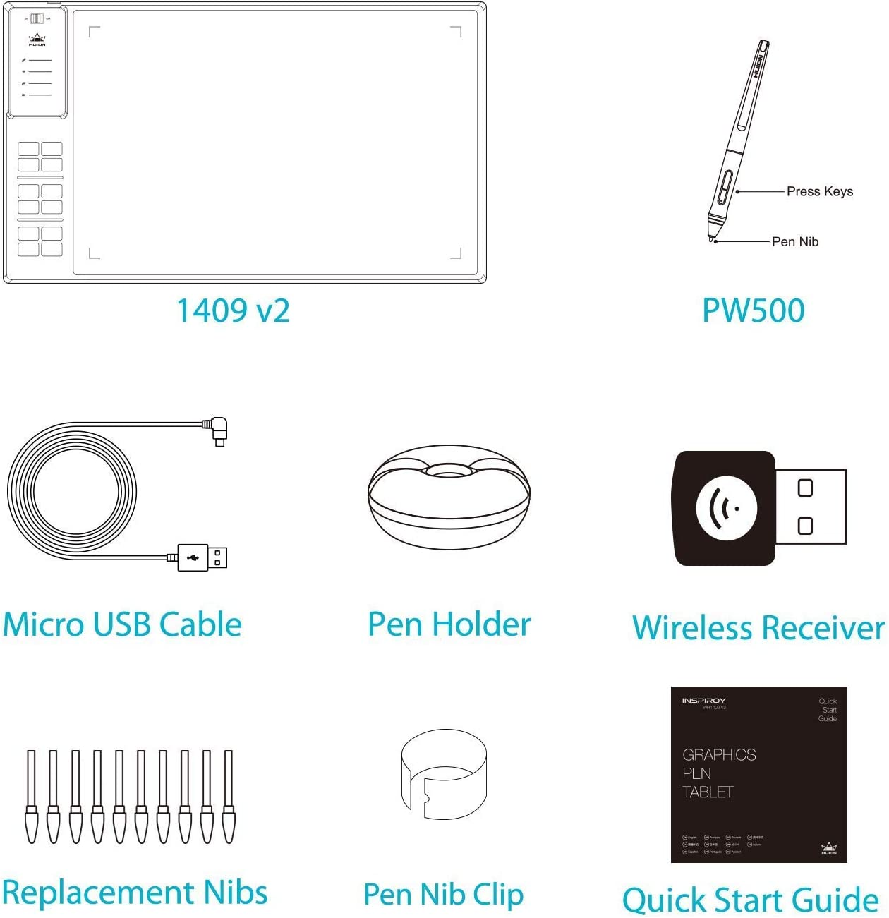 HUION WH1409 V2 Upgraded Battery-Free Wireless Graphics Drawing Tablet 8192 Levels 13.8 X 8.6 Inch with 12 Express Keys