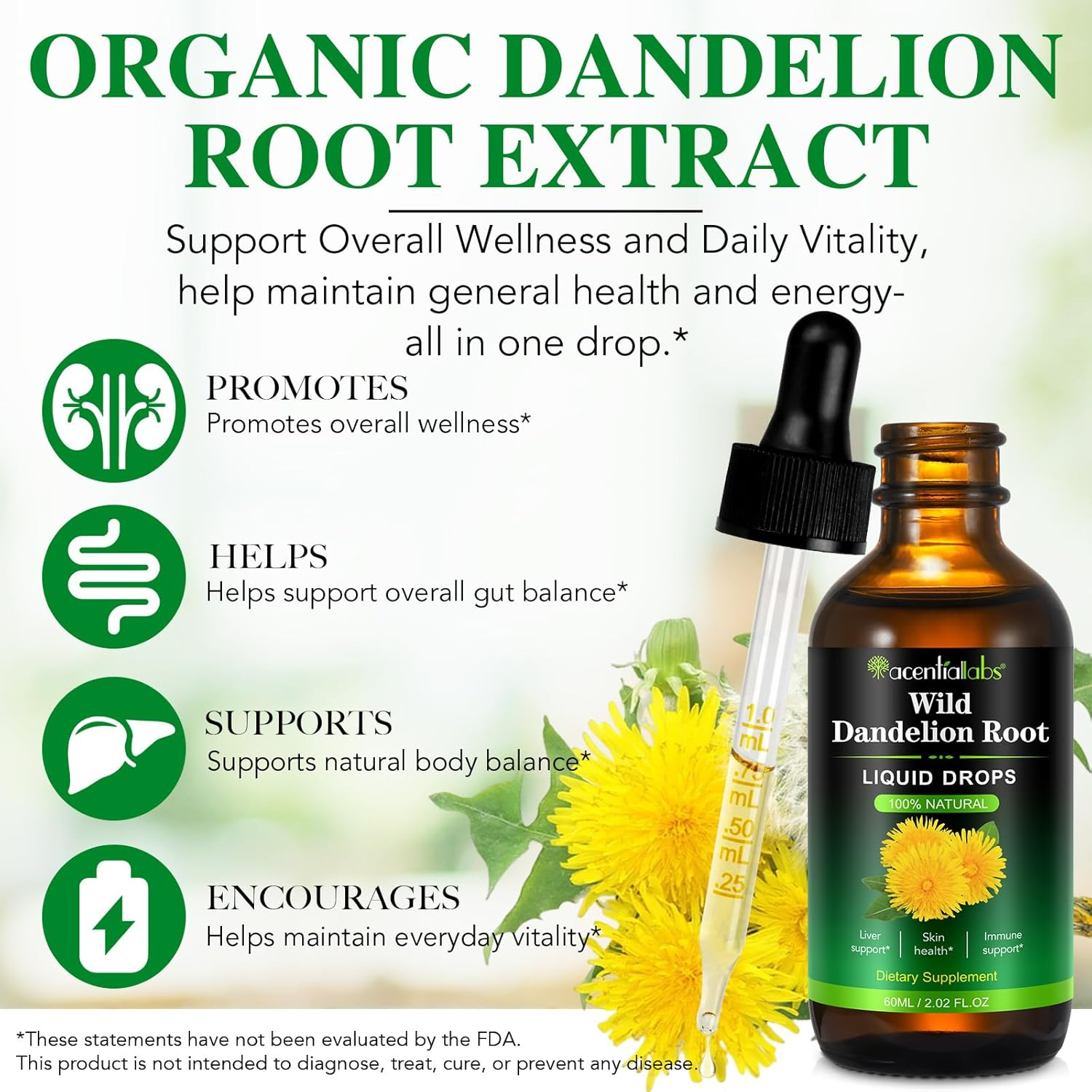 Wild Dandelion Root Liquid Drops 60Ml | Concentrated Herbal Extract 650Mg per Serving | Alcohol-Free, Sugar-Free & Vegan | Natural Glycerin Base | Plant-Based Formula