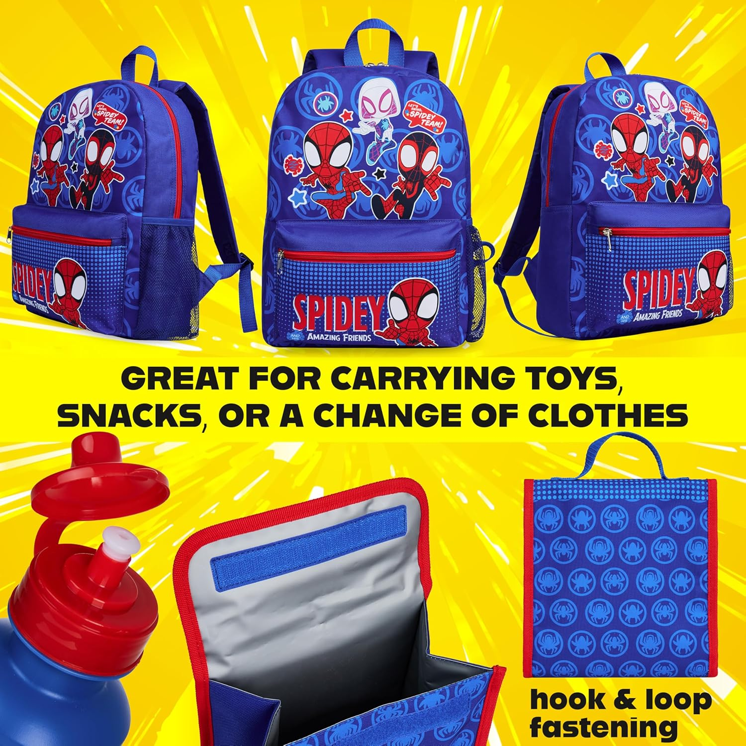 Marvel Spiderman Backpack Set 4 Pcs Water Bottle Pencil Case Lunch Bag or Wallet Keyring Travel School School Supplies, Blue, One Size, Spidey image number 2