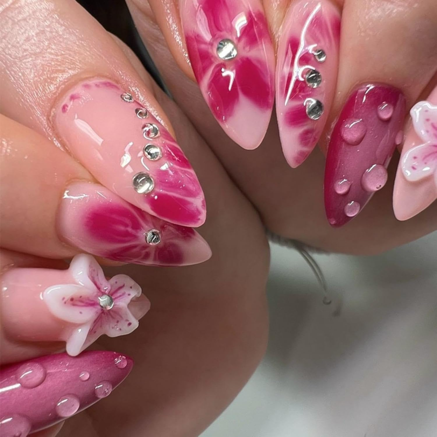 Almond Press on Nails Coffin Shape &ndash; 3D Floral Design with Rhinestones, Long French Tip Acrylic False Nails, Handmade Elegant Fake Nails for Women, Nail Art Accessories image number 3