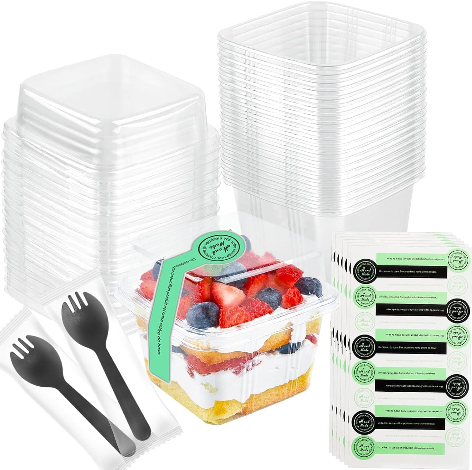 50Pack 8 Oz Square Plastic Dessert Cups, Reusable Clear Plastic Yogurt Parfait Cups with Lids and Individually Wrapped Spoons, for Cupcake Mousse Yogurt Pudding Mousse Fruits image number 2