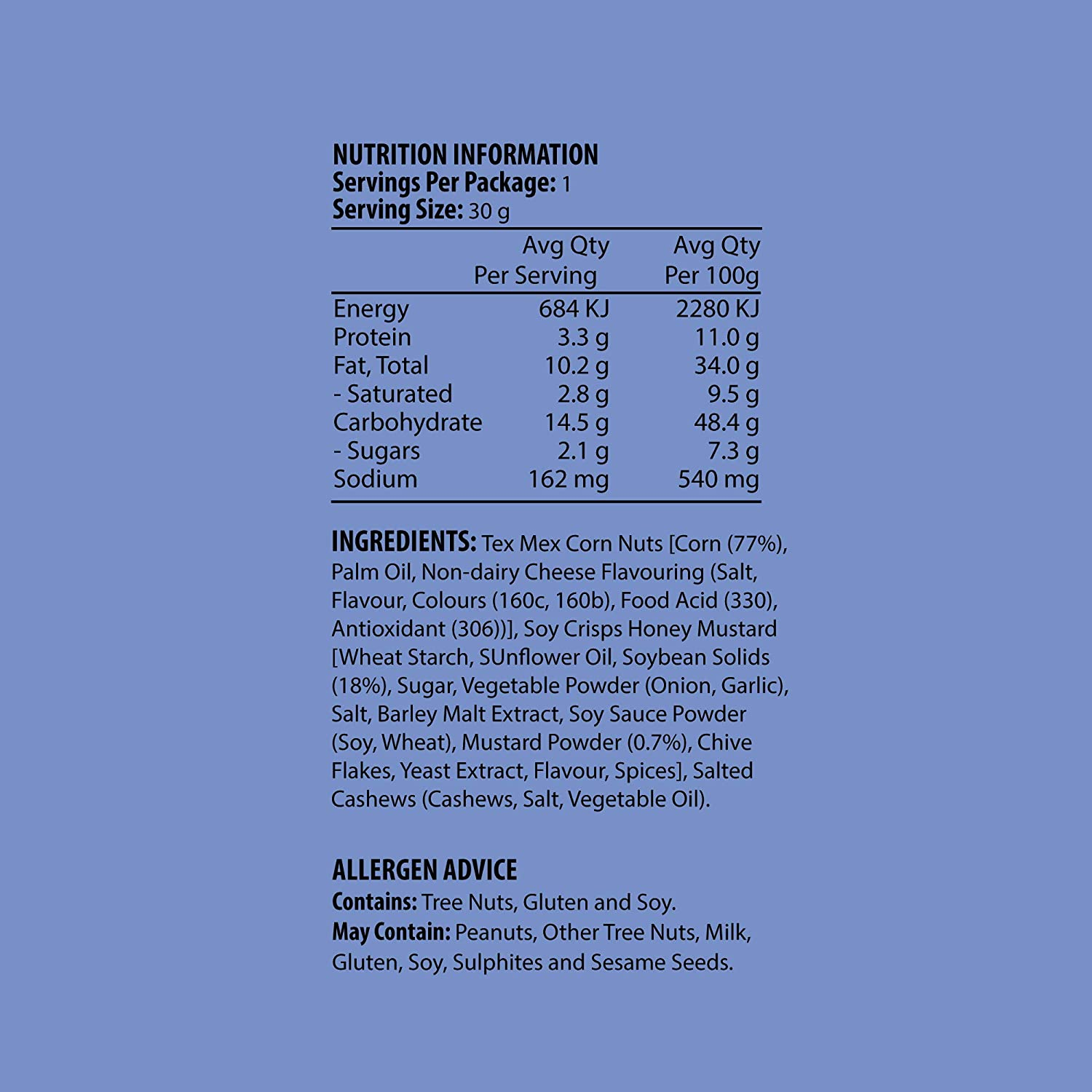 J.C.'S QUALITY FOODS Rancho Mix Premium Southern Style Roasted Cashews, & Tex Mex Toasted Corn & Honey Dijon SOYA Crisps, Healthy Energy Boosting Snack - 21 X 30G Bags image number 3