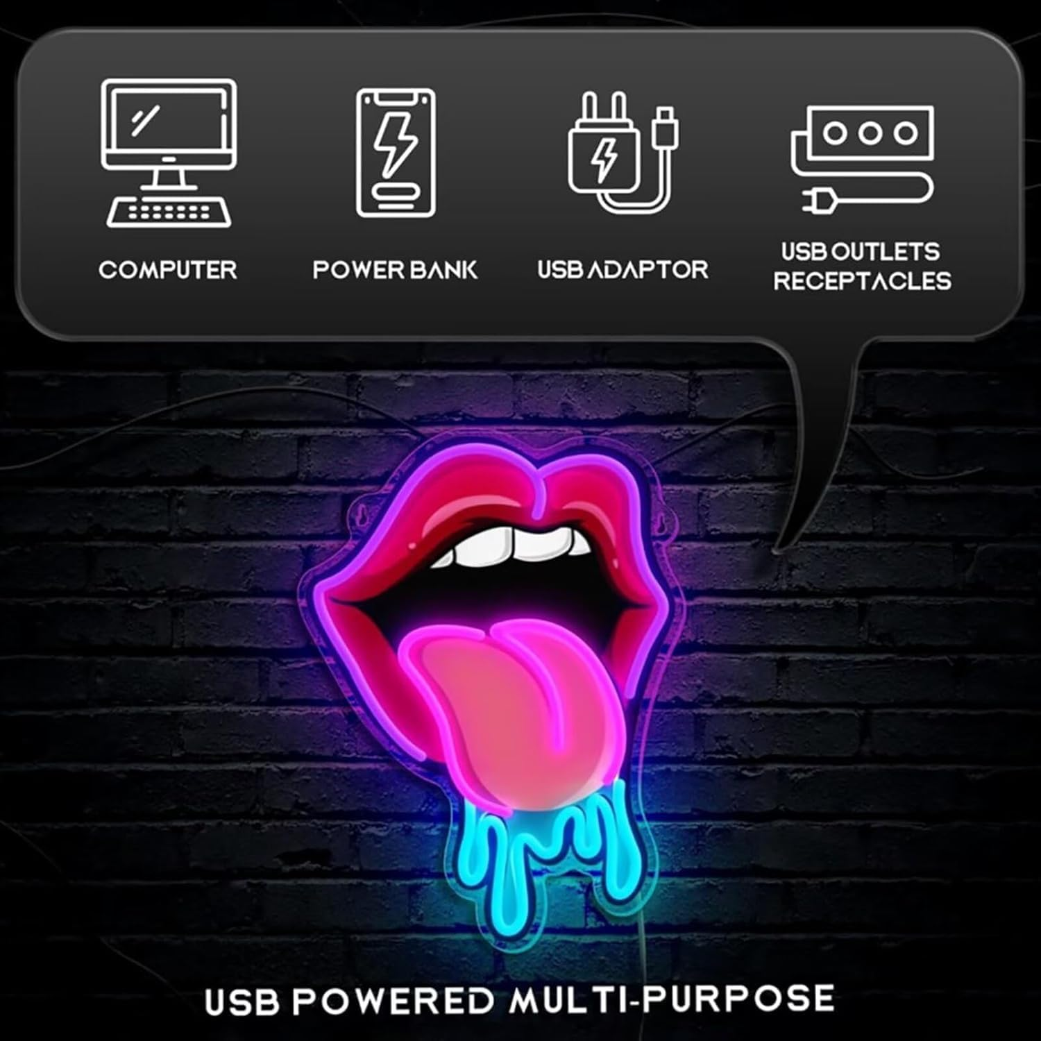 Lips Neon Sign, Dripping Lips Wall Art, Neon Lights LED for Wall Decor, Tasty UV Print Neon Sign for Bar Party Wedding Living Room Lounge image number 1