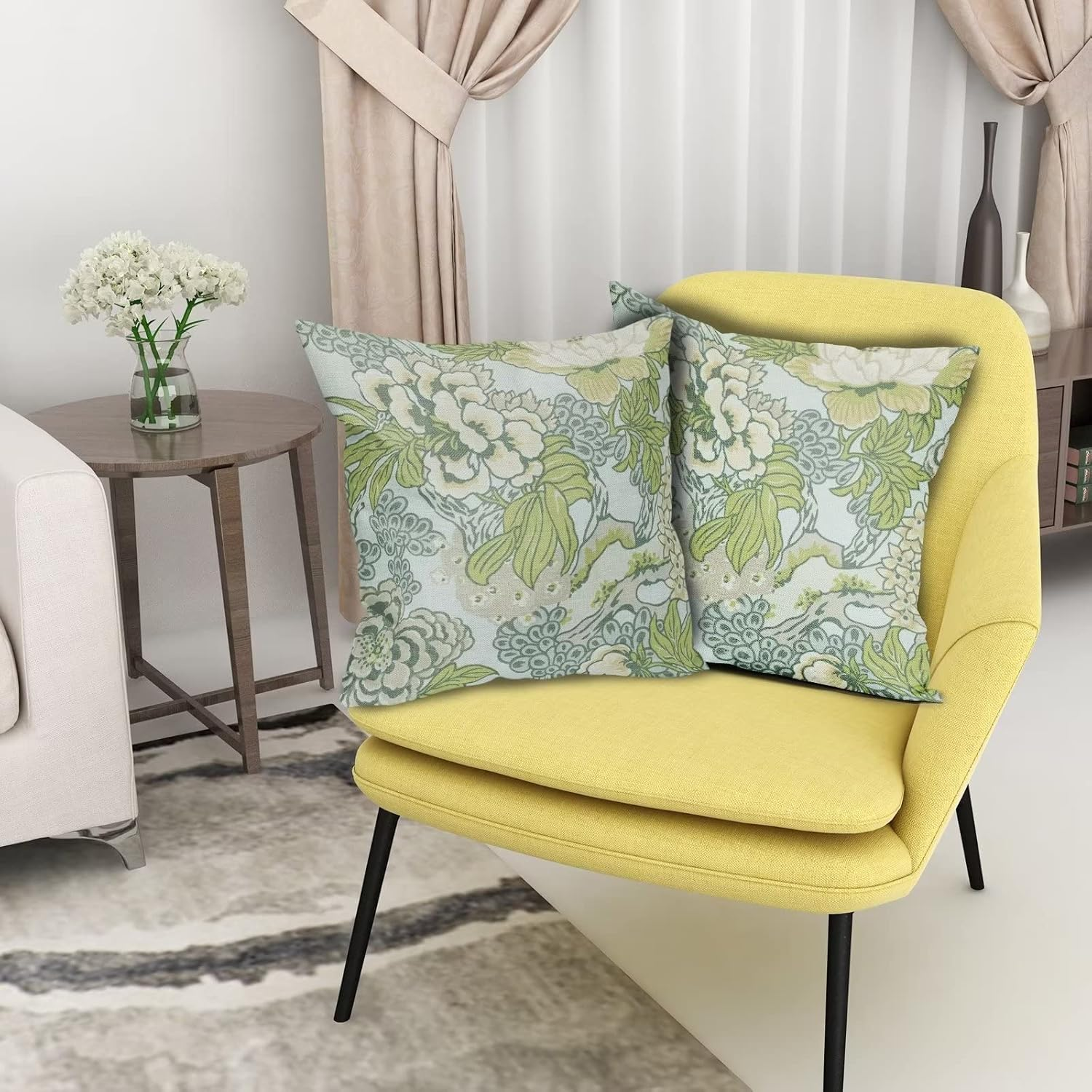 Sweetshow Spring Green Flowers Chinoiserie Pillow Covers 2 Packs 20X20 Inch Lighe Green Floral Throw Pillows Vintage Sage Green Decor Cushion Cover Linen Patio Furniture Sofa Bedroom Indoor Outdoor image number 6