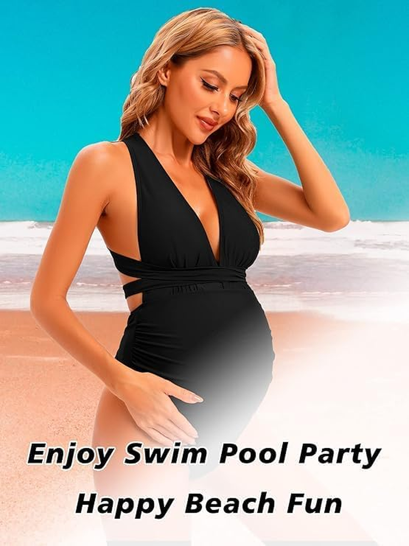 One Piece Back Cross Backless Maternity Bikini,Pregnant Swimsuit Maternity Swimwear V-Neck Maternity Swimsuit image number 3