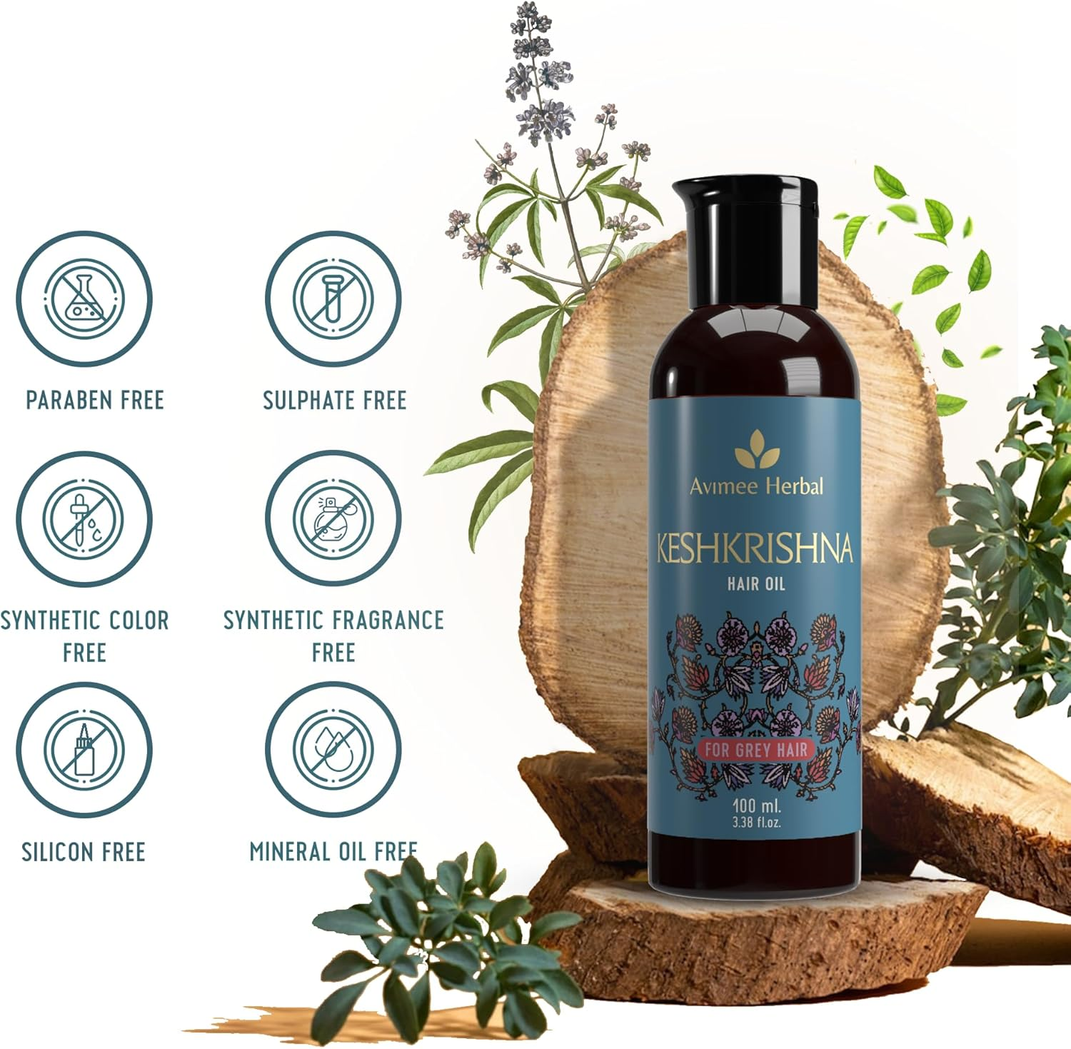 AVIMEE Herbalkeshkrishna Hair Oil | with Indigo, Amla, Currly Leaf and Henna Oil | Mineral Oil Free | 100 Ml image number 3