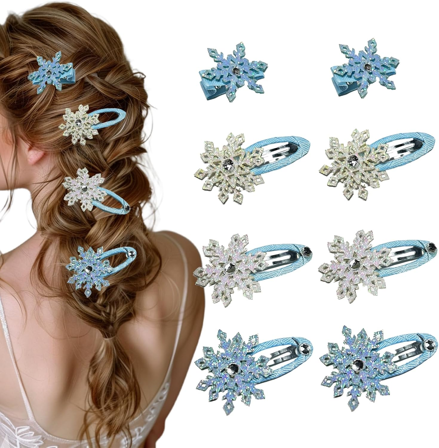 Snowflake Hair Clip Set, 8 Pieces Exquisite Christmas Snowflake Hair Clips, Snowflakes Hair Accessories Hair Clip with Shiny Rhinestones for Women Girls Winter Christmas Party Gift (E) image number 3