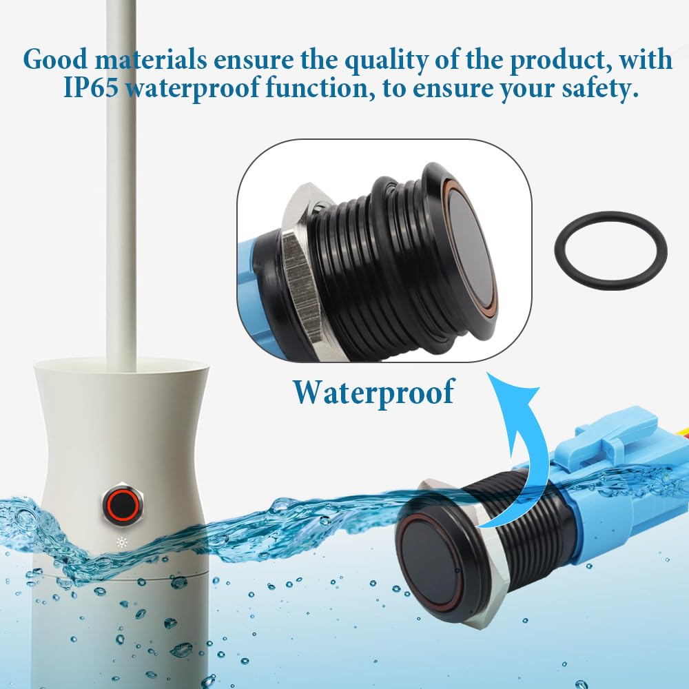 Yakamoz 2Pcs 16Mm Waterproof Latching Push Button Switches, 12V Self-Locking Button on off with Sockets Red LED Wiring Harness for Automotive, Marine, Industrial Machinery and DIY. image number 2