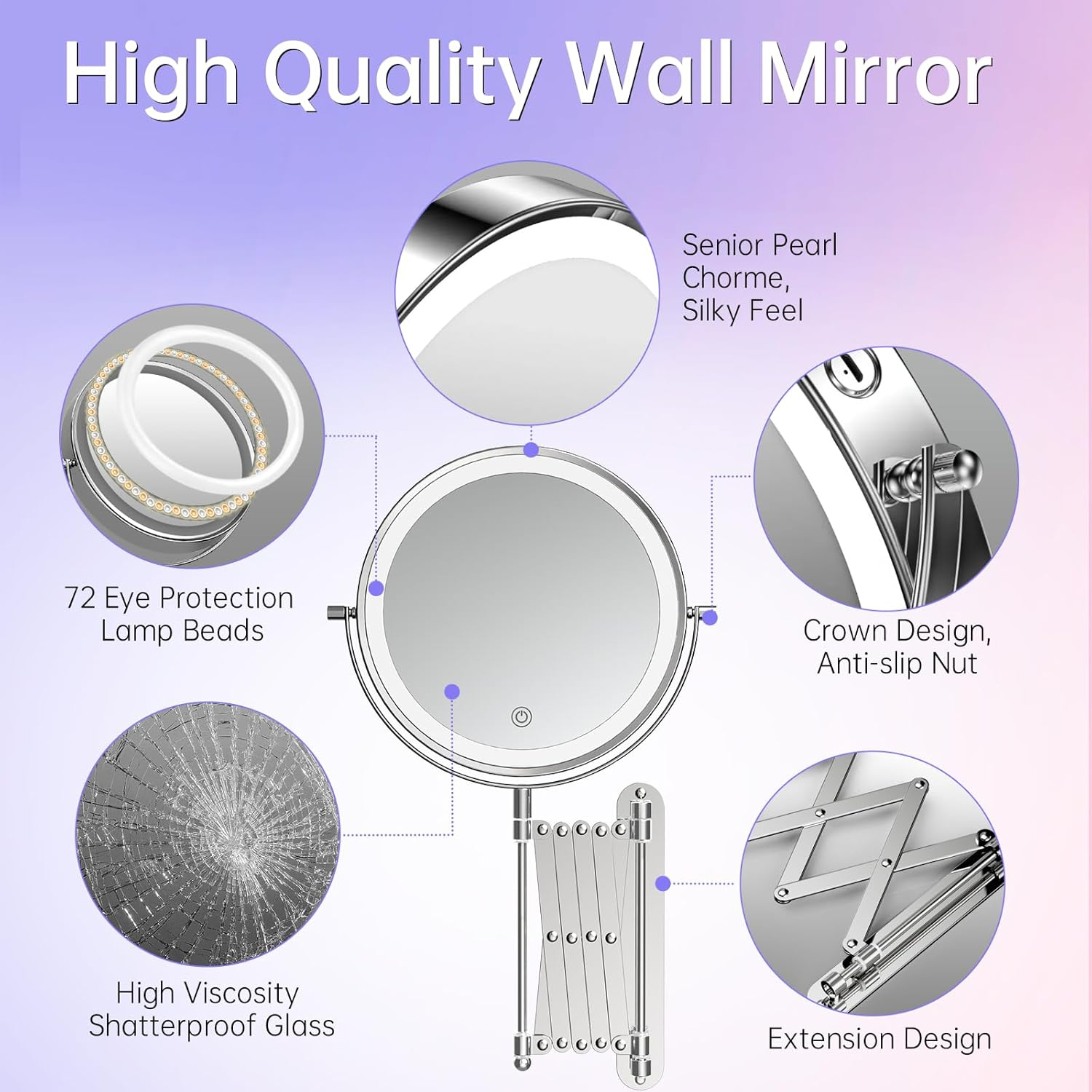 Famihomii Wall Mounted Bathroom Makeup Mirror with Lights, Rechargeable 8 Inch 1X/10X Double Sided Magnifying Mirror with 360&deg; Swivel Bathroom Extendable Arm, Telescoping Mesh Shaving Mirror - Chrome image number 5