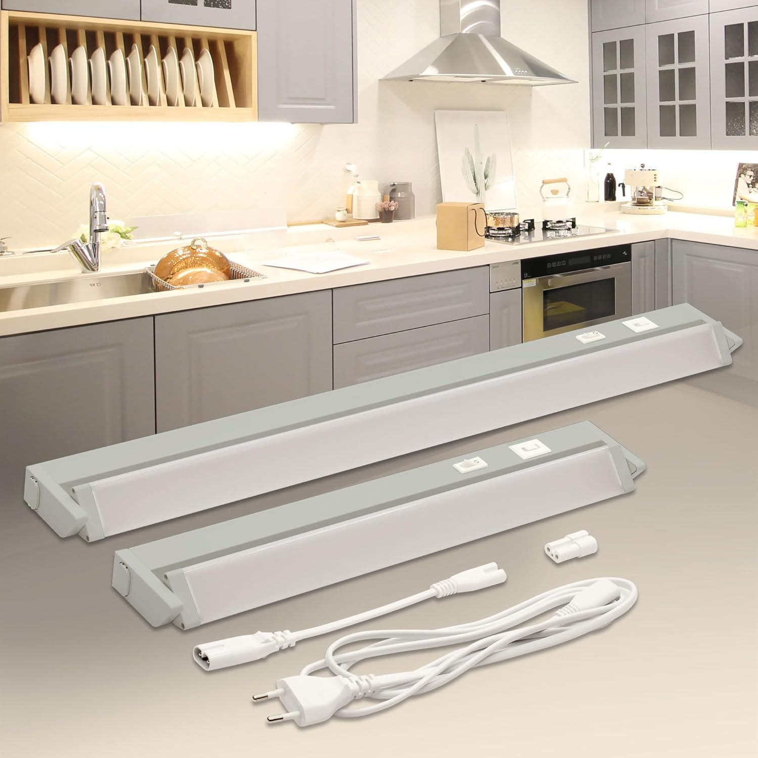 Max K O M F O R T Sera-M LED Under-Unit Light, 56 Cm, Swivelling, Grey, Kitchen Lamp with Switch and 3-Level Dimming Function, 8 W, CCT Colour Changing, Warm White/Neutral White/Cool White, 750 Lm