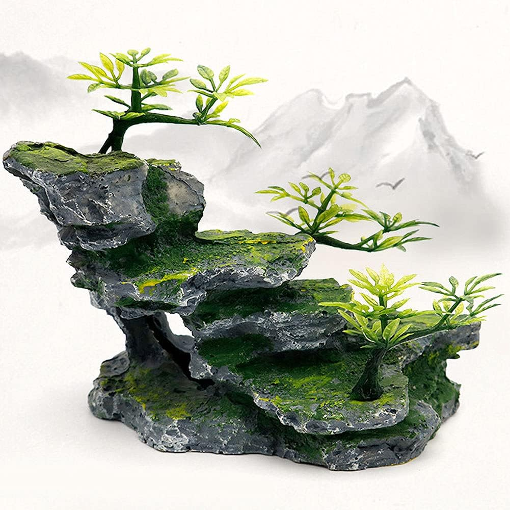 Ibwell Aquarium Ornament Rock Cave Landscape Artificial Mountain View Stone with Moss Tree Fish Tank Decoration (#Hill A) - Hill A image number 5