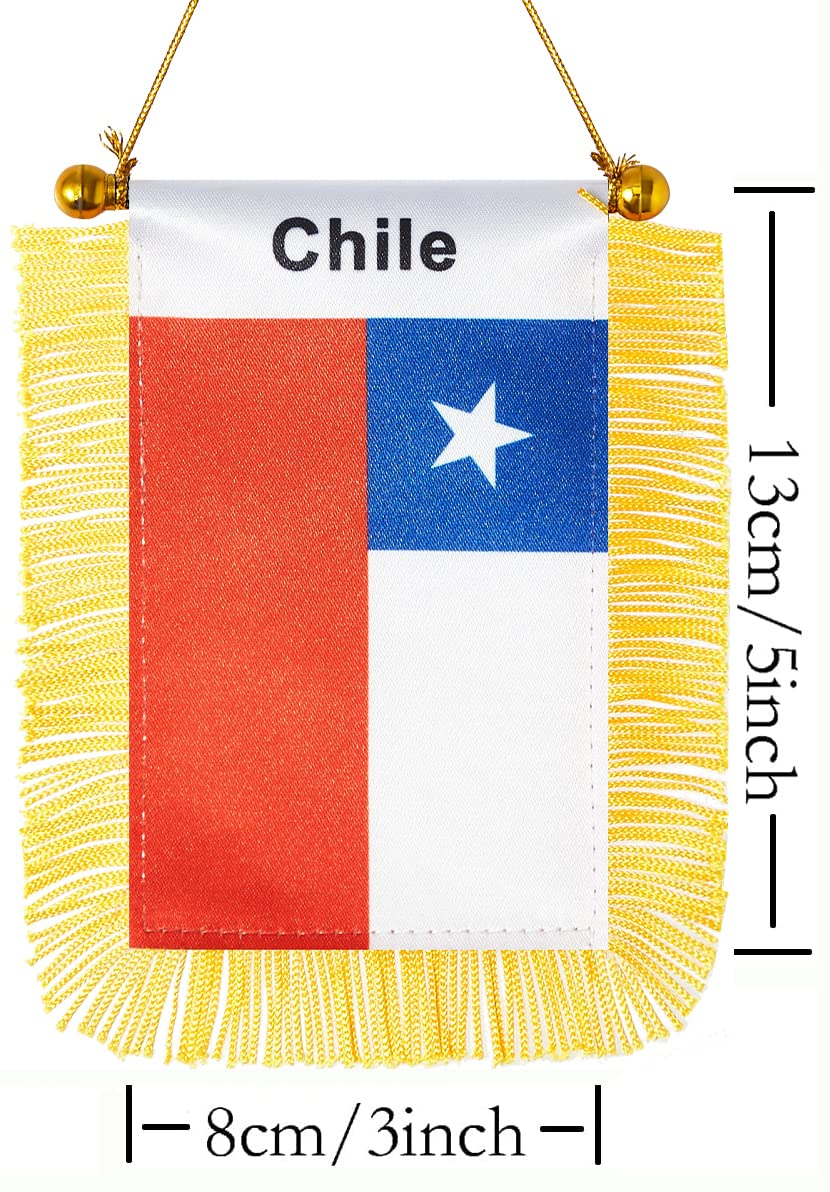 CANTENDO 2 Pack Chile Window Hanging Flag,Mini Chilean Car Flag with Pole Tassel Suction Cup Rearview Mirror Decoration(3X5 Inch) image number 2