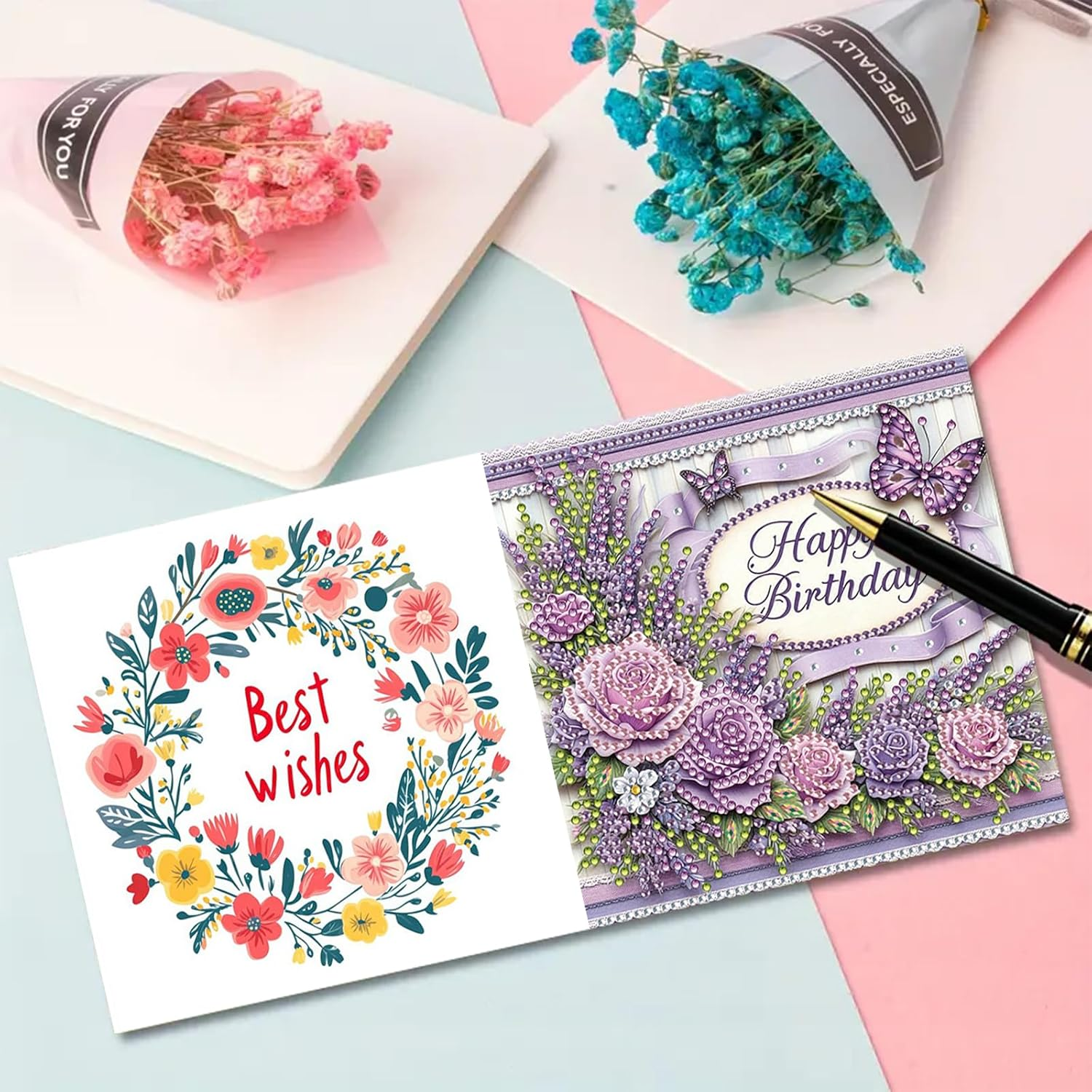 Awesocrafts 6Pcs Diamond Art Christmas Cards Kits Happy Birthday, Anniversary DIY Diamond Painting Cards Sets, 5D Crystal Art Card with Envelopes, Postcards for Handmade, Xmas 30 * 15Cm (Happy) - Flower image number 2