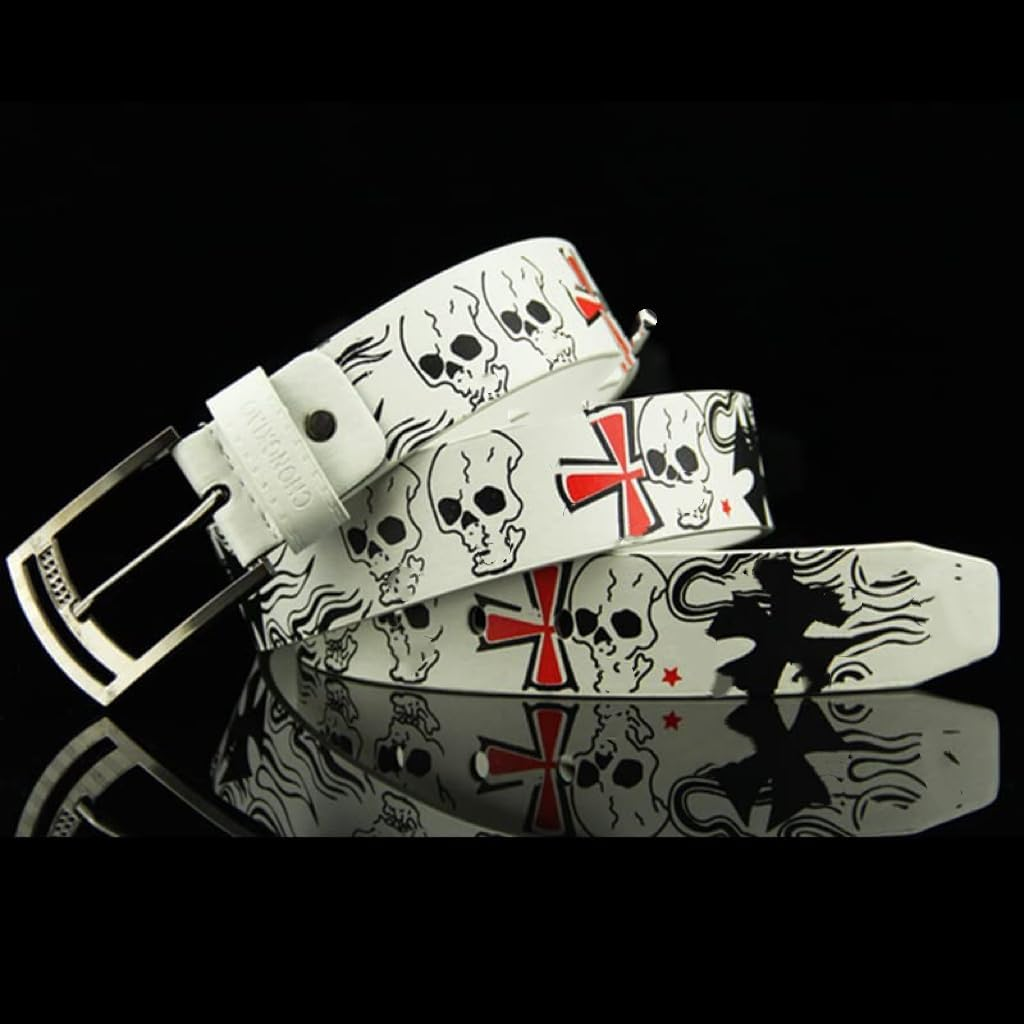 AIBEARTY Punk Skull Skeleton Pattern Pin Buckle Belt Gothic Casual Pu Leather Waistband for Women Men - White image number 5