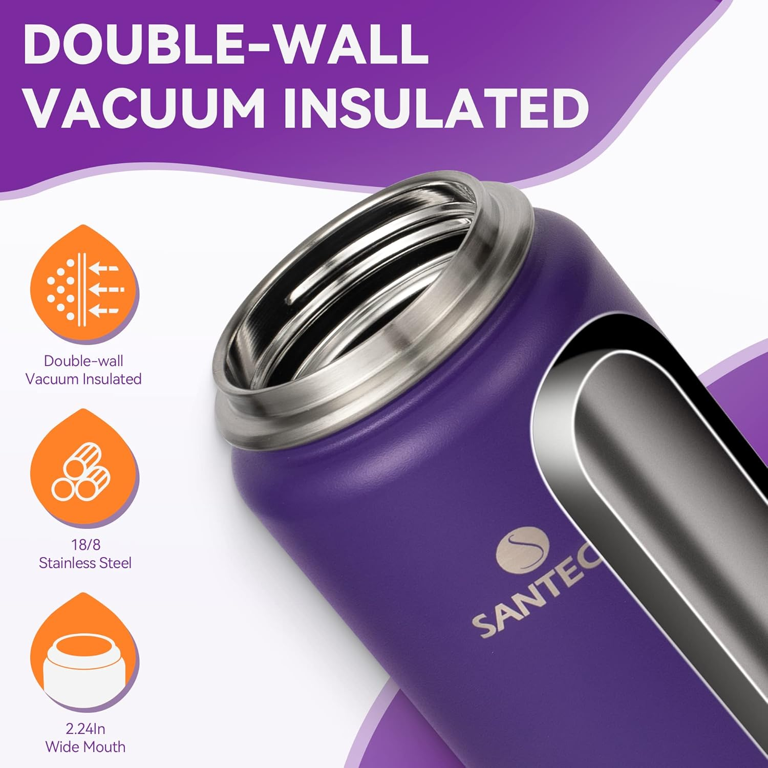Santeco Insulated Water Bottles 24 Oz, Stainless Steel Flask with Lanyard & Wide Mouth Spout Lid, Leak Proof Double Wall Vacuum Drink Bottle, Keep Drinks Hot & Cold for Hiking Camping - Purple image number 6