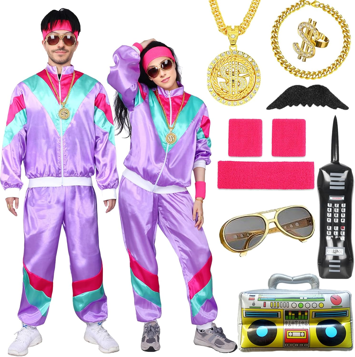 Shell Suit Costume Set 80S Fancy Dress Men Women Tracksuit with Glasses Headband Wristbands for Carnival Parties Halloween