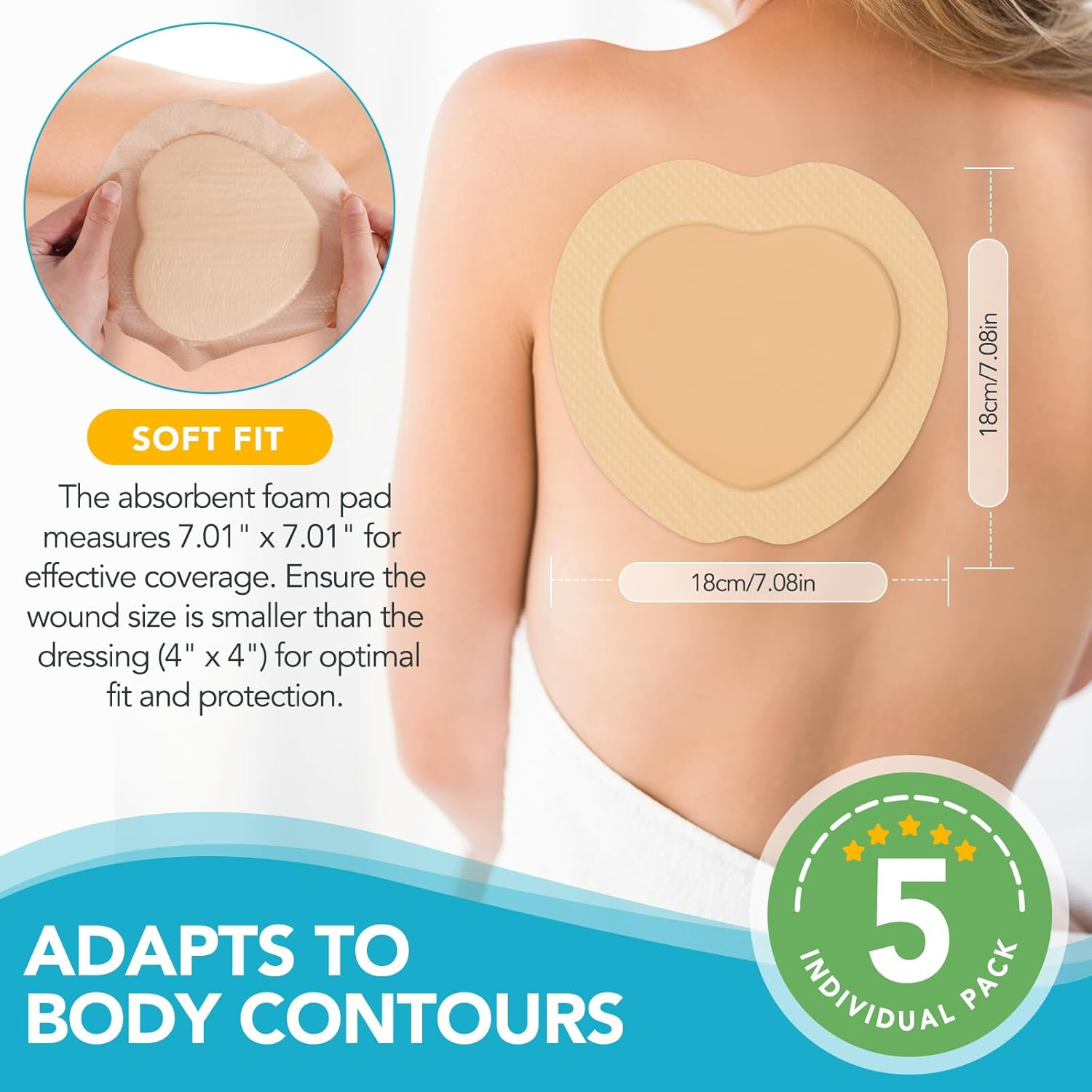 Silicone Foam Dressing with Border Adhesive 4"X4" - Silicone Ag Foam Dressing with Waterproof Gentle, Large Wound Dressing Bandage for Wound Care 5 Pack image number 4