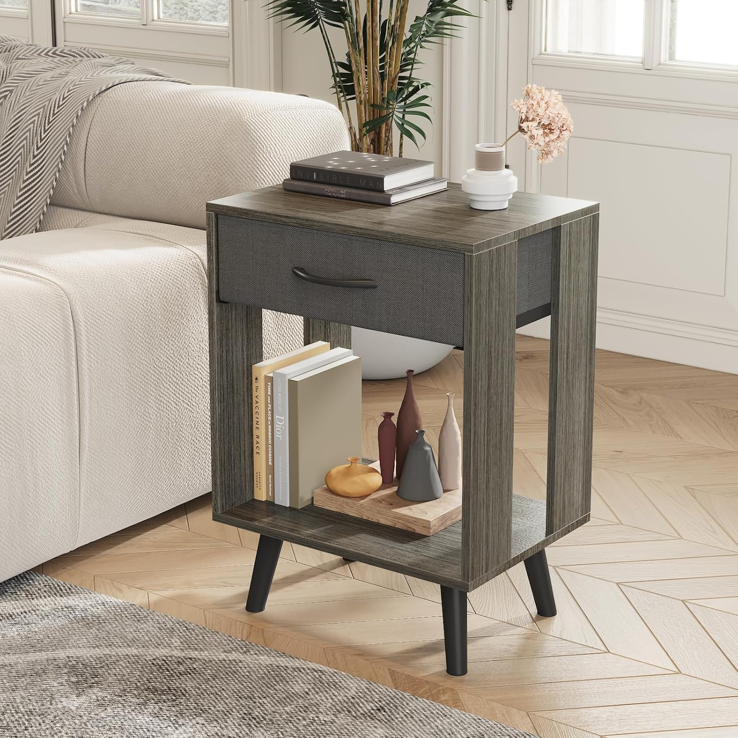 GYIIYUO Nightstands Set of 2 with Black Fabric Storage Drawer and Open Wood Shelf, Side Table with Storage for Bedroom, Bedside Tables - Gray 23.7" H - Rustic Brown image number 3