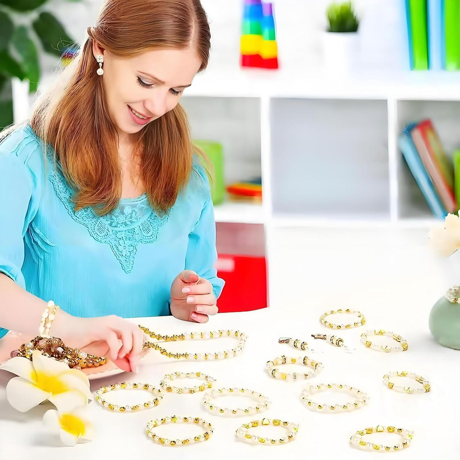 MYTOAU 1860Pcs Pearl Beads for Bracelets Making,Spacing Bead Set,Multi-Shape Pearls and Gold Spacer Bead,Round Pearls Beads Craft DIY for Jewelry Making Kit for Adults Charms for Bracelets String image number 6