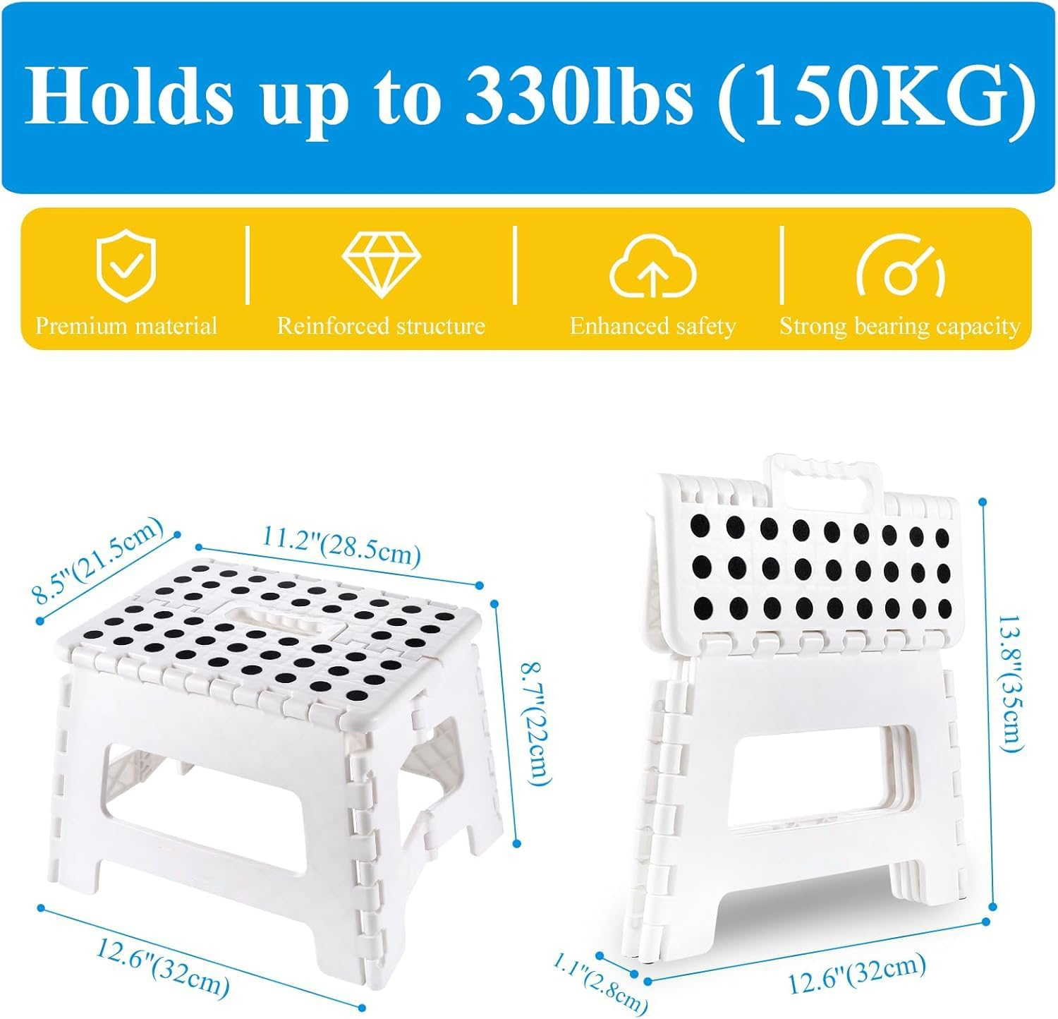 Folding Step Stool, 9 Inch Plastic Foldable Step Stool for Kids Adults - Holds up to 330 Lbs Foot Stool with Non-Slip Surface, Carry Handle for Kitchen Bathroom Bedroom (White) - White image number 3
