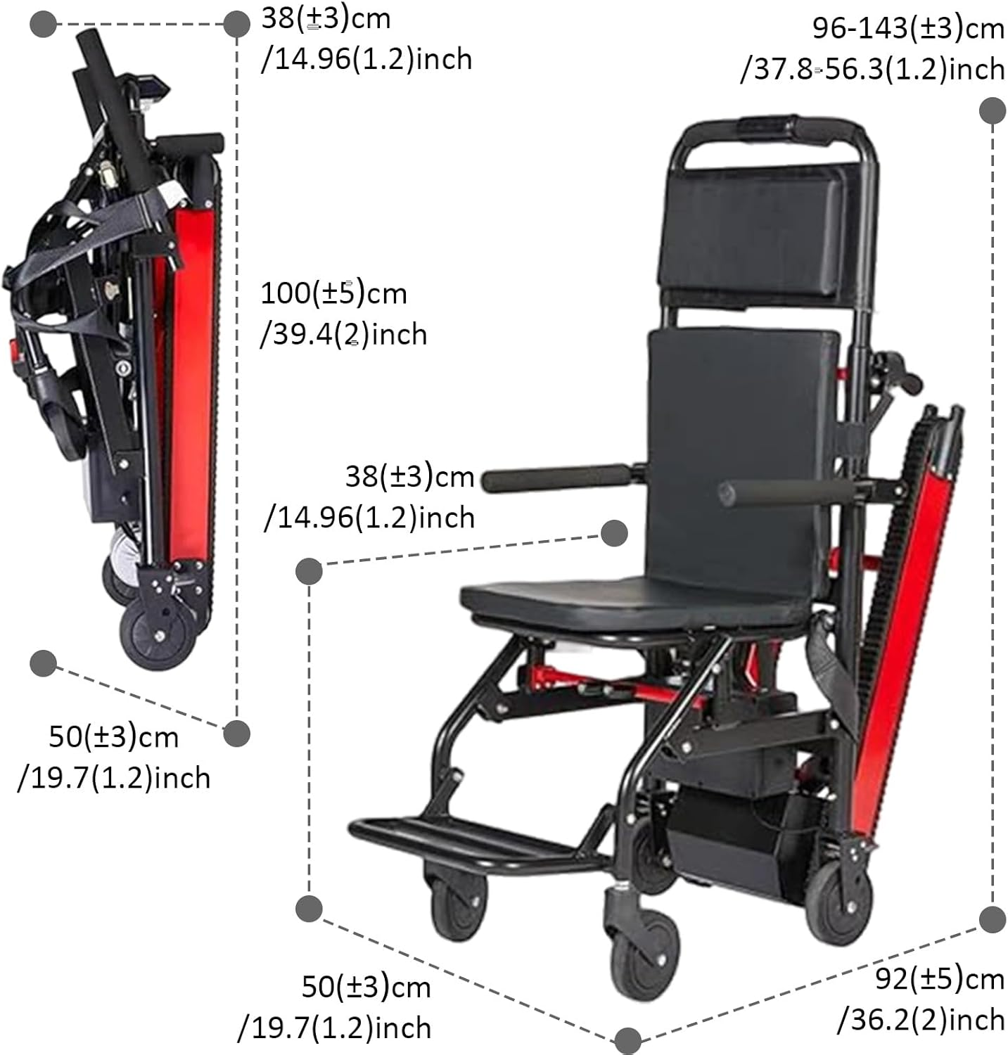 Electric Crawler Stair Climbing Wheelchair,Manual Lightweight Folding Electric Wheelchair,Electric Stair Climber ,Suitable for Disabled Seniors, with a Load of 353 Pounds, for Easy Moving and Daily Life Aids, Climbing and Descending Stairs Effortlessly (Red) image number 2