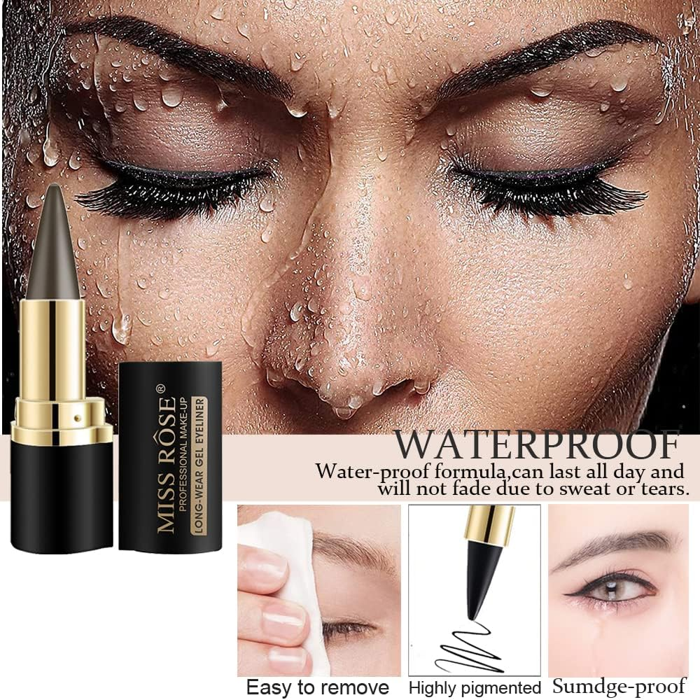 2 Colors Gel Eyeliner Set,Quick-Dry Cream Eyeliner Waterproof and Smudge Proof Eye-Liner Pencil Long-Lasting Matte Black Eyeliner Stick for Women Girls (01 Silver+04 Black) image number 6